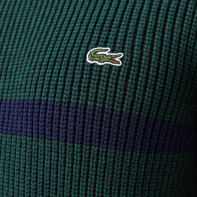 Erkek Relaxed Fit Bisiklet Yaka Çizgili Koyu Yeşil Kazak