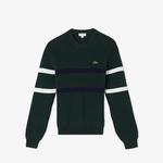 Erkek Relaxed Fit Bisiklet Yaka Çizgili Koyu Yeşil Kazak