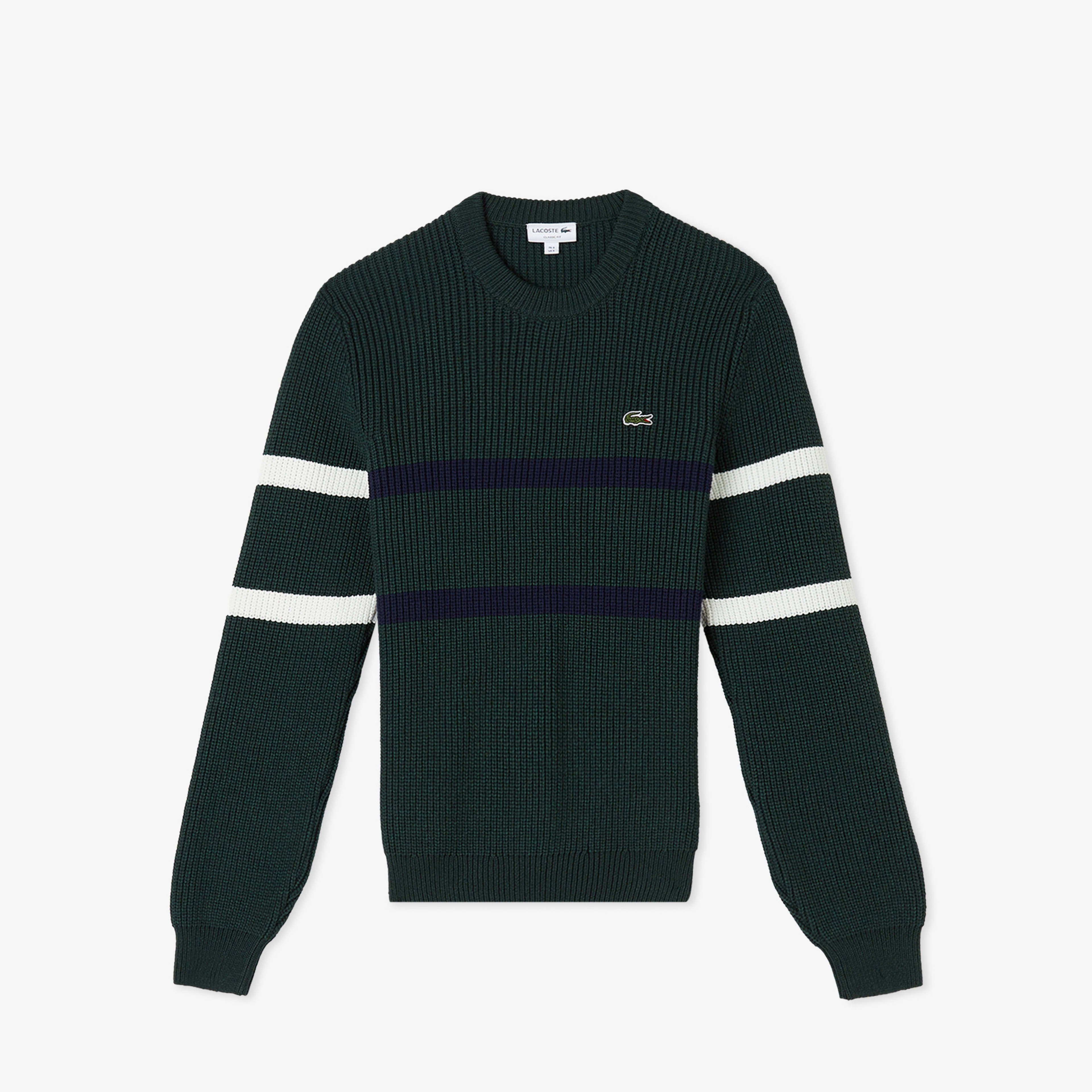 Erkek Relaxed Fit Bisiklet Yaka Çizgili Koyu Yeşil Kazak