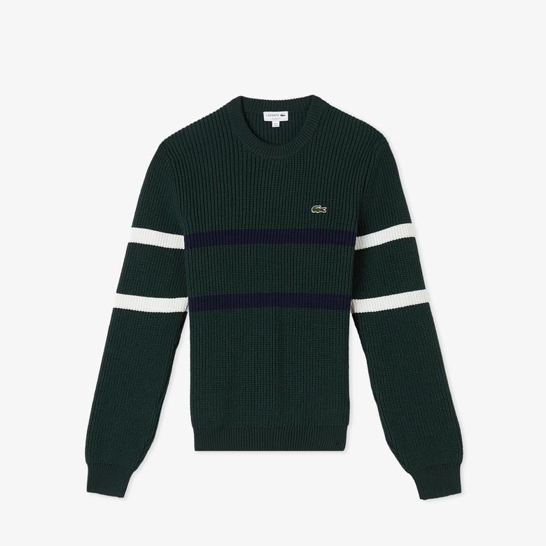 Erkek Relaxed Fit Bisiklet Yaka Çizgili Koyu Yeşil Kazak