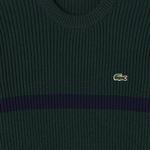 Erkek Relaxed Fit Bisiklet Yaka Çizgili Koyu Yeşil Kazak