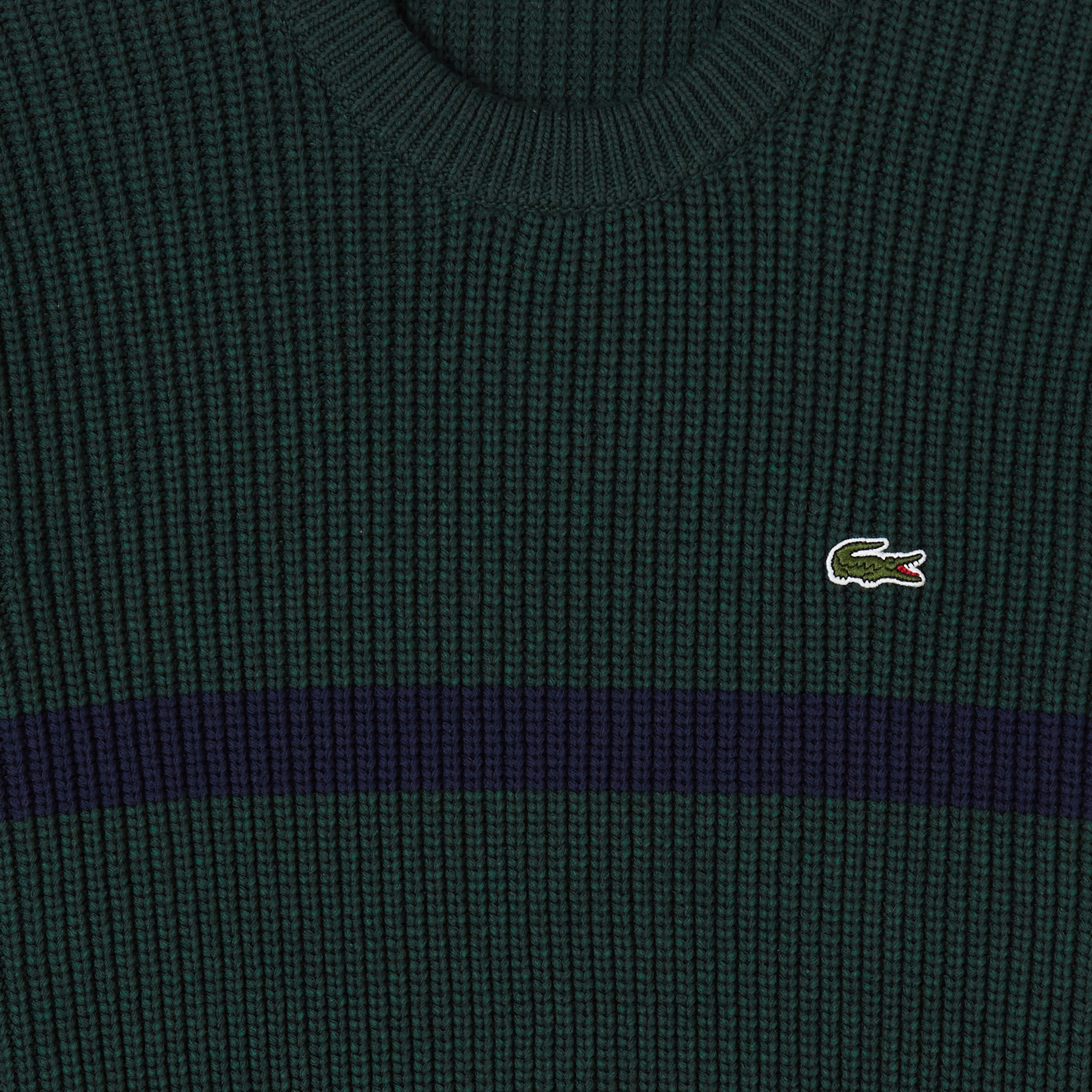 Erkek Relaxed Fit Bisiklet Yaka Çizgili Koyu Yeşil Kazak