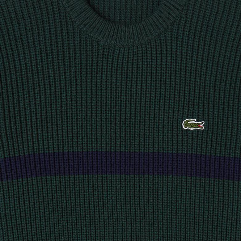 Erkek Relaxed Fit Bisiklet Yaka Çizgili Koyu Yeşil Kazak