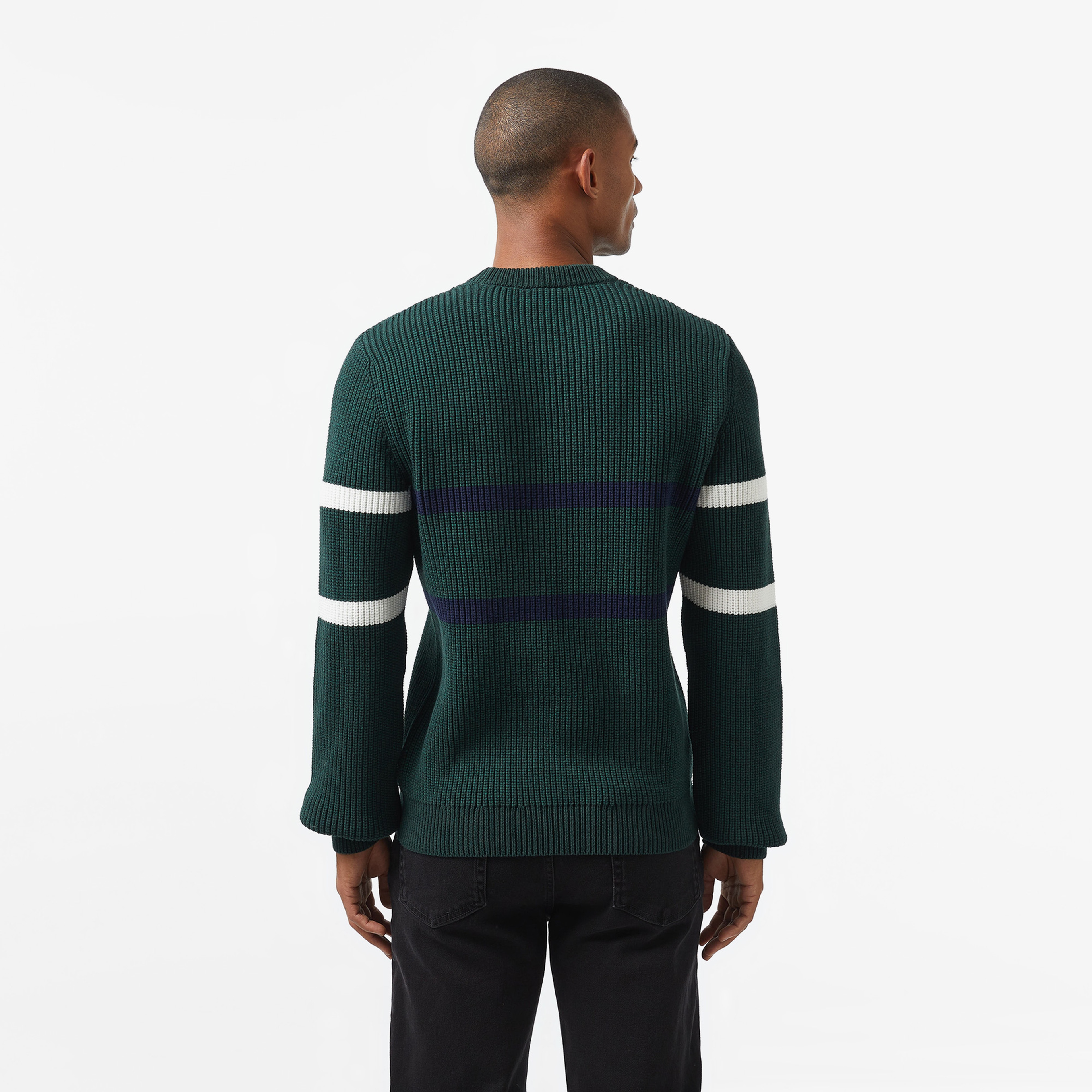 Erkek Relaxed Fit Bisiklet Yaka Çizgili Koyu Yeşil Kazak