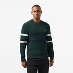 Erkek Relaxed Fit Bisiklet Yaka Çizgili Koyu Yeşil Kazak