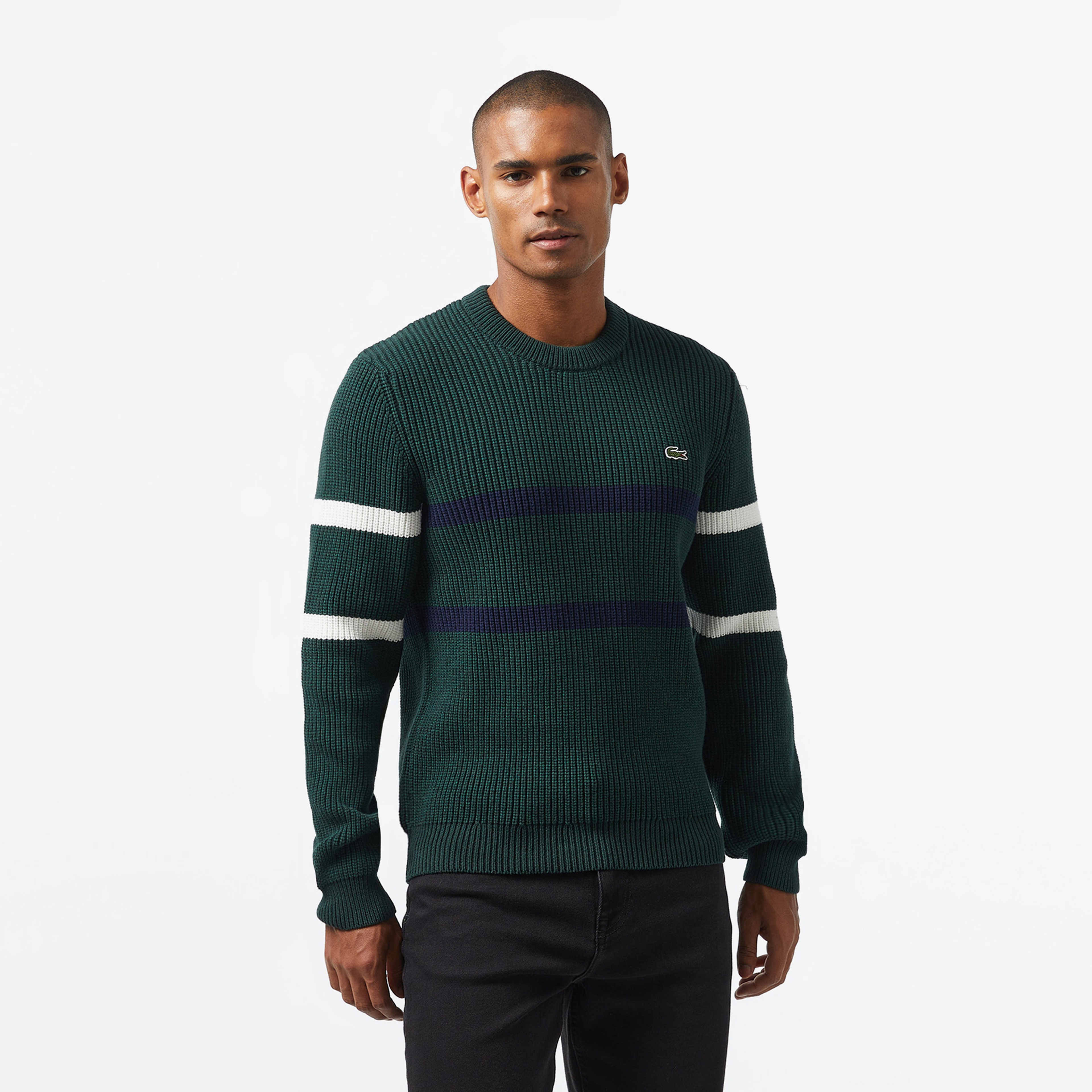 Erkek Relaxed Fit Bisiklet Yaka Çizgili Koyu Yeşil Kazak