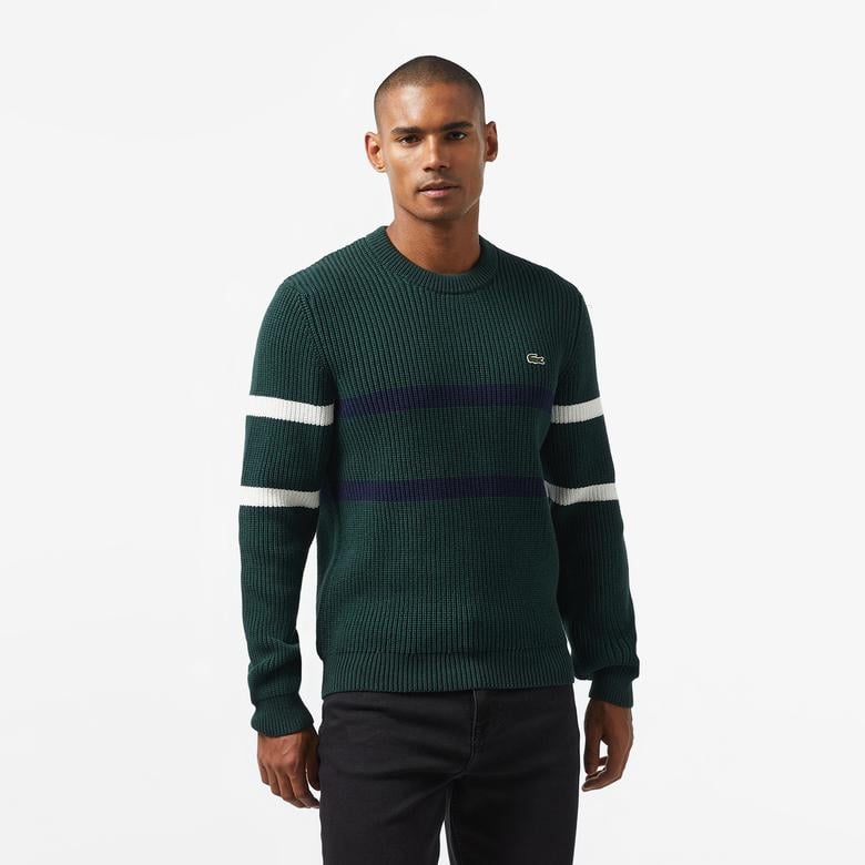 Erkek Relaxed Fit Bisiklet Yaka Çizgili Koyu Yeşil Kazak