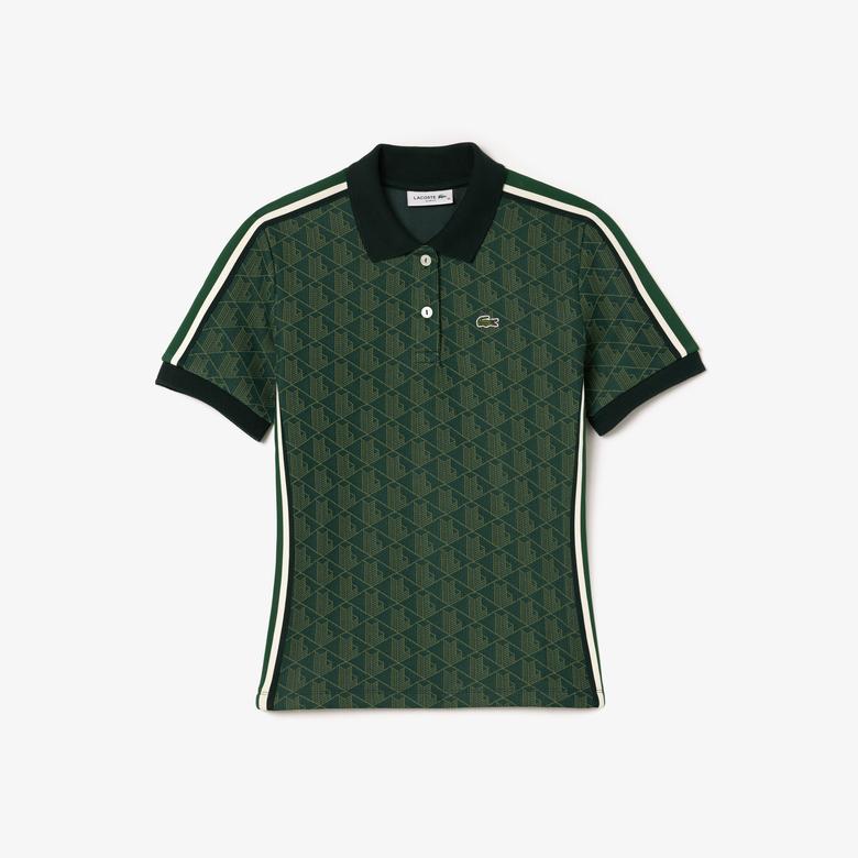 Kadın Slim Fit Monogram Koyu Yeşil Polo