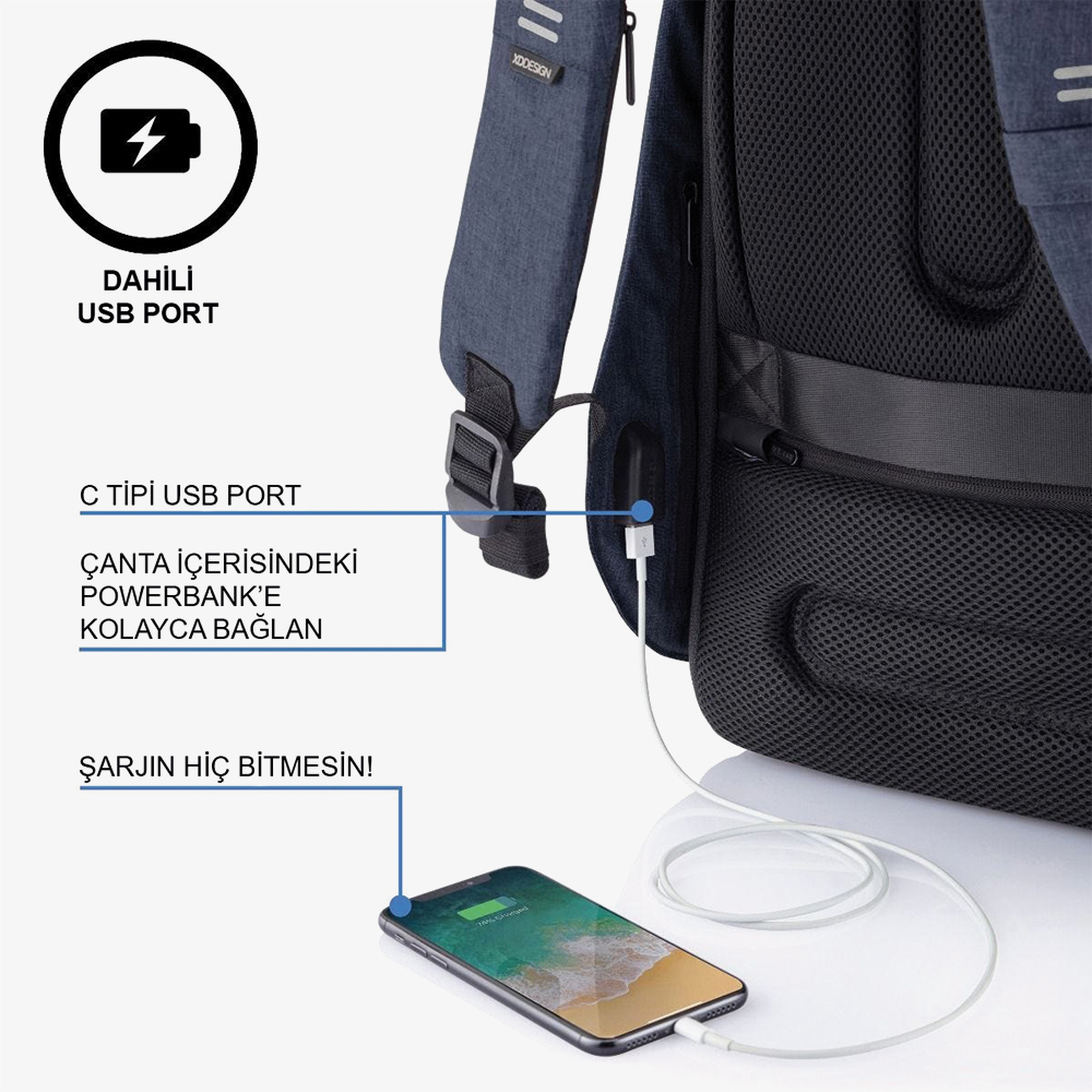 XD Design Bobby Hero Regular Unisex Mavi Sırt Çantası