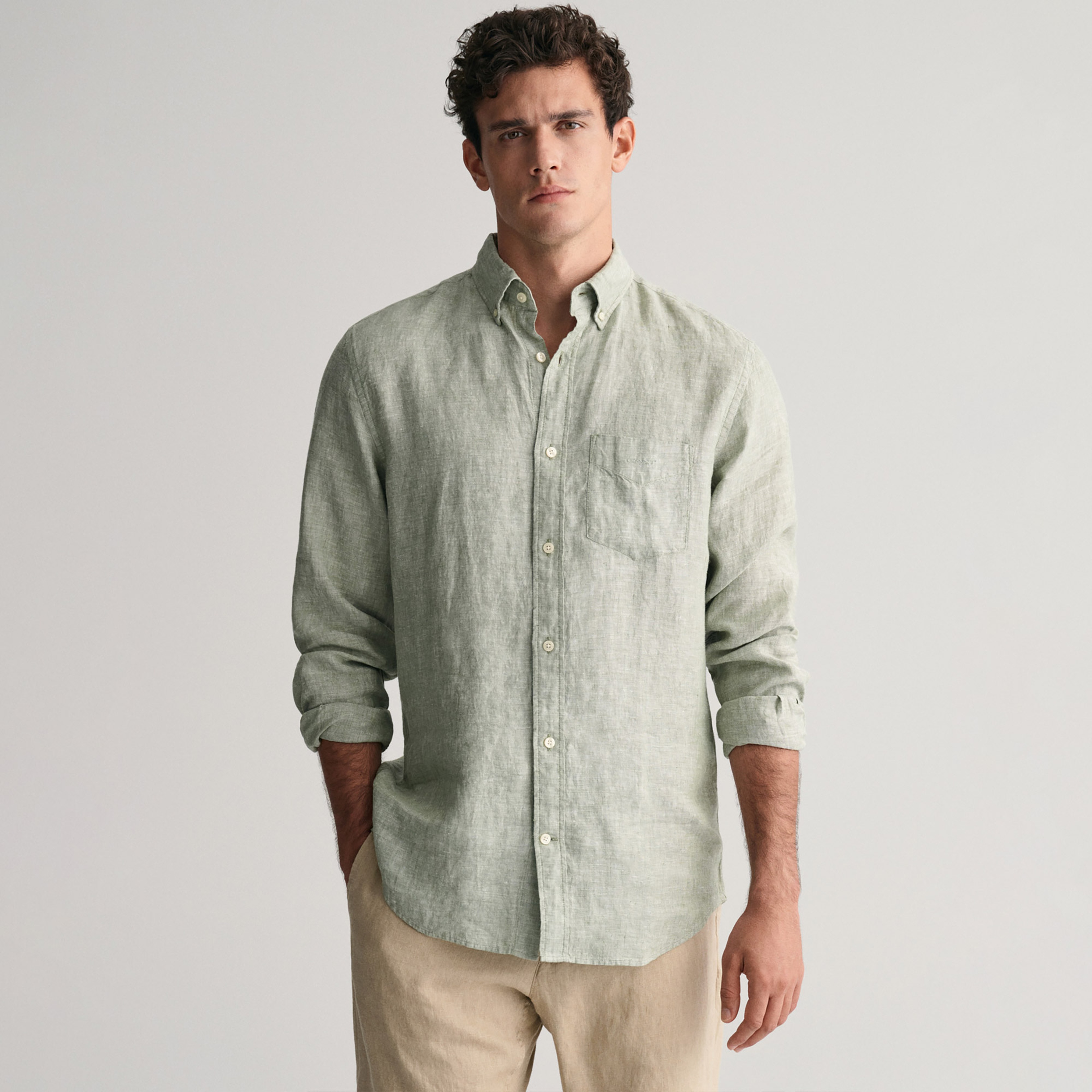 GANT Erkek Yeşil Regular Fit Düğmeli Yaka Keten Gömlek