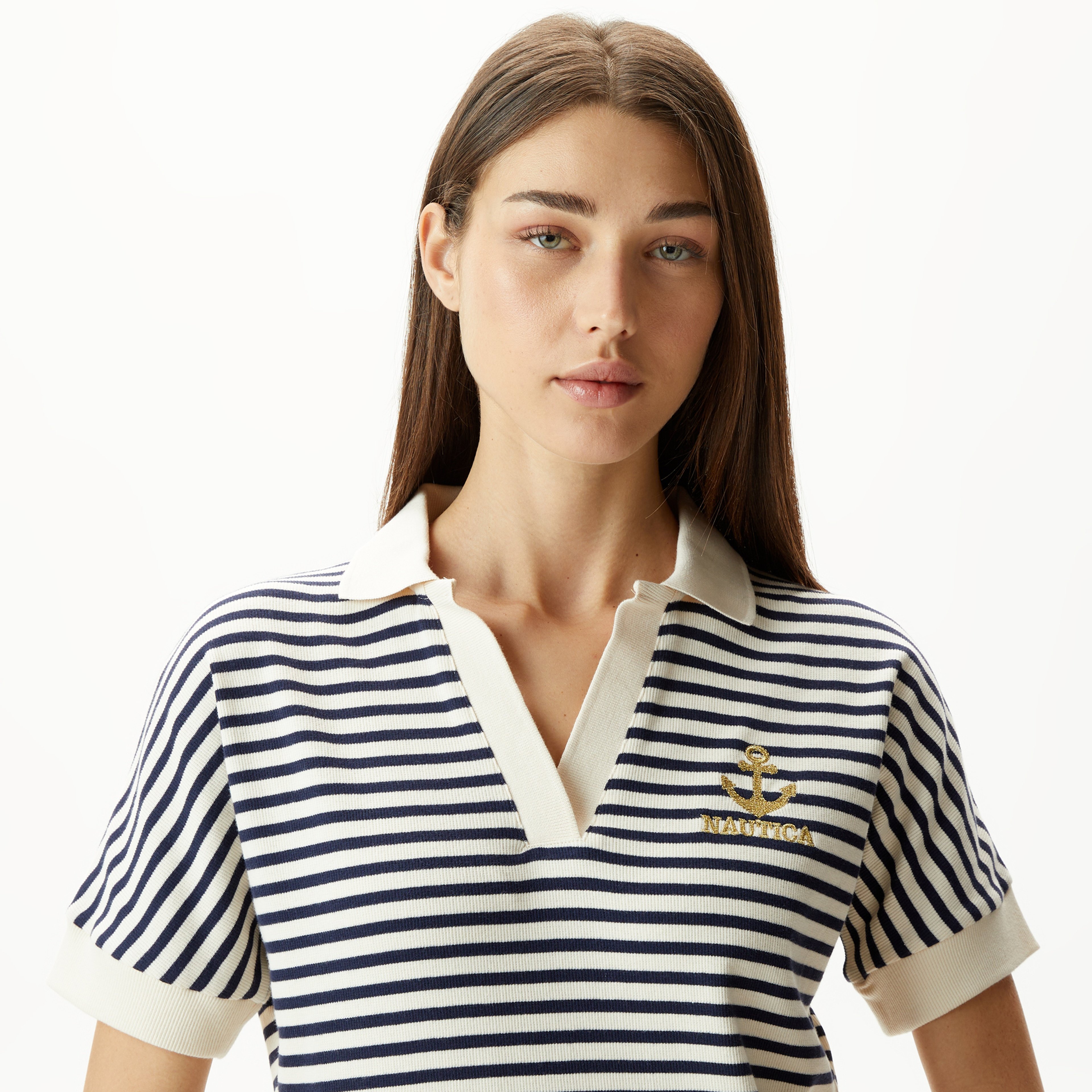 Nautica Kadın Lacivert Slim Fit Çizgili Polo Yaka T-Shirt