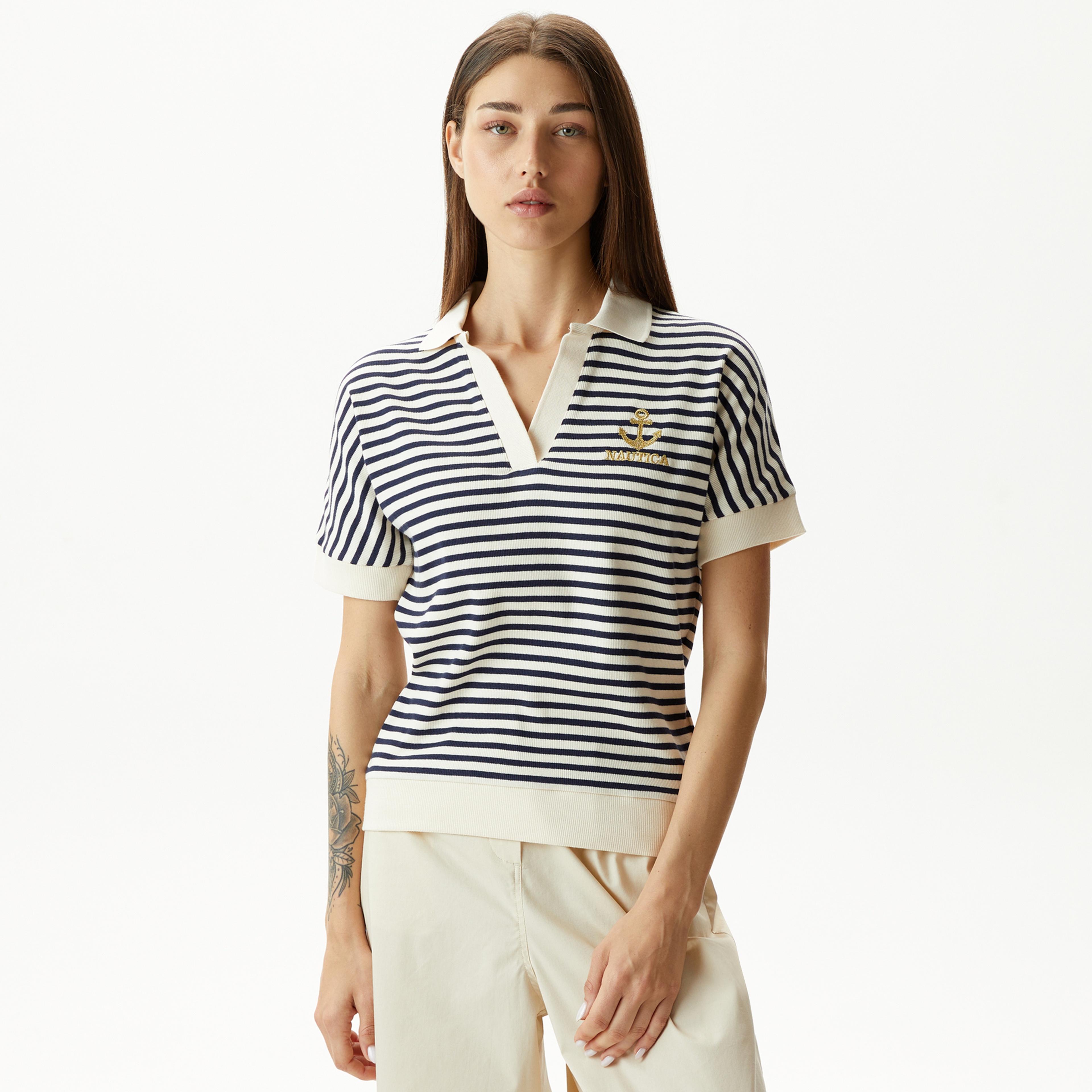 Nautica Kadın Lacivert Slim Fit Çizgili Polo Yaka T-Shirt