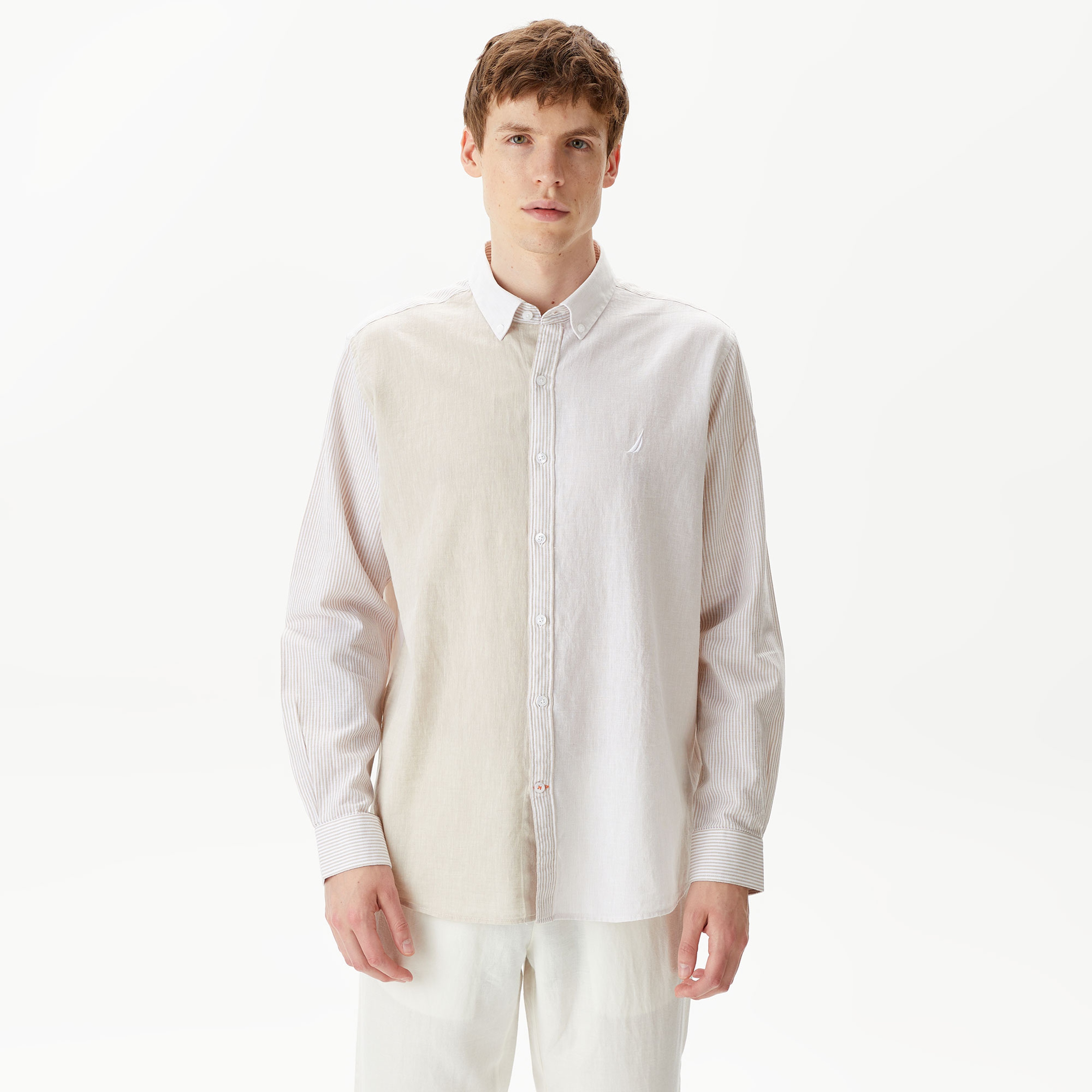 Nautica Erkek Kırık Beyaz Classic Fit Uzun Kollu Renk Bloklu Gömlek