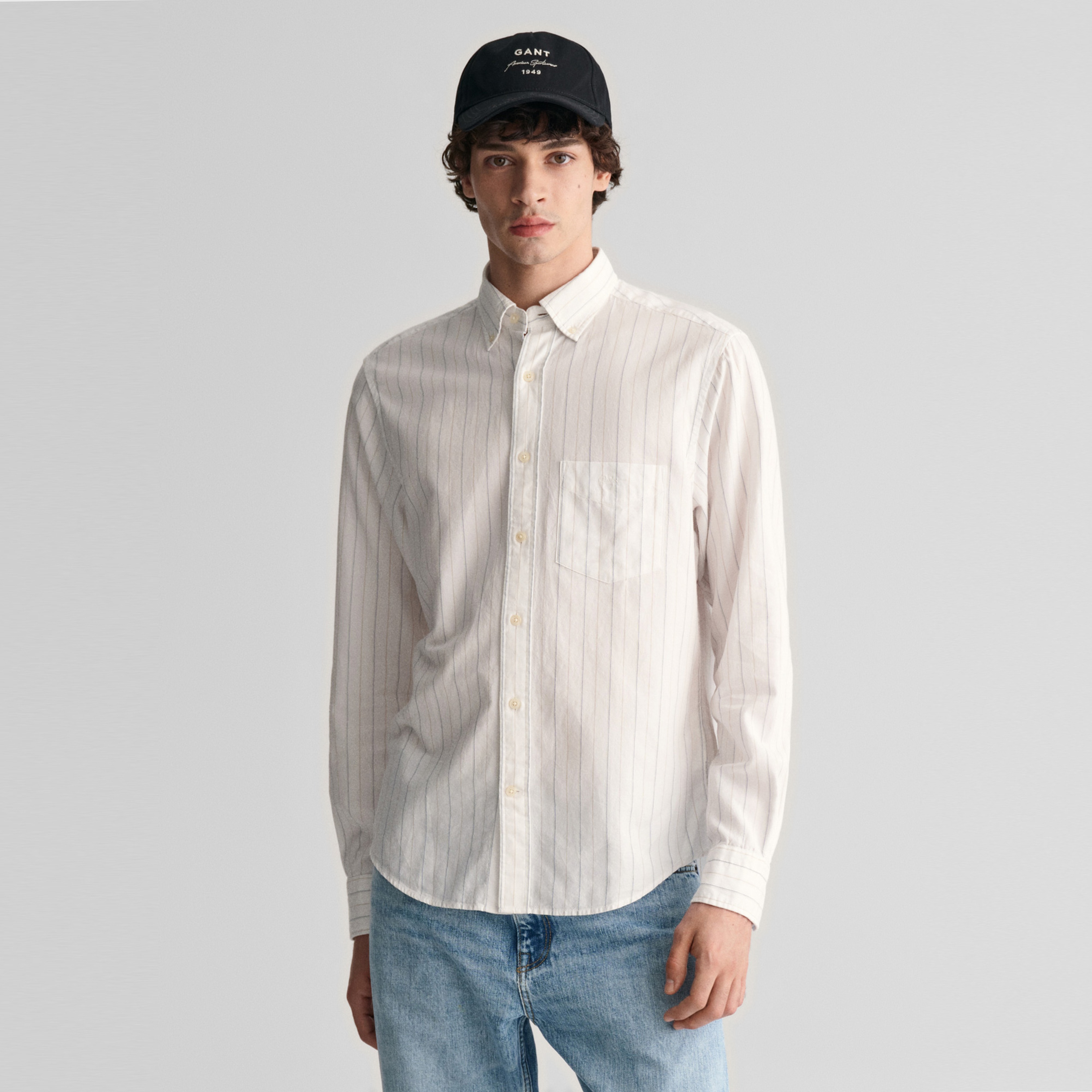 GANT Erkek Krem Regular Fit Düğmeli Yaka Çizgili Oxford Gömlek