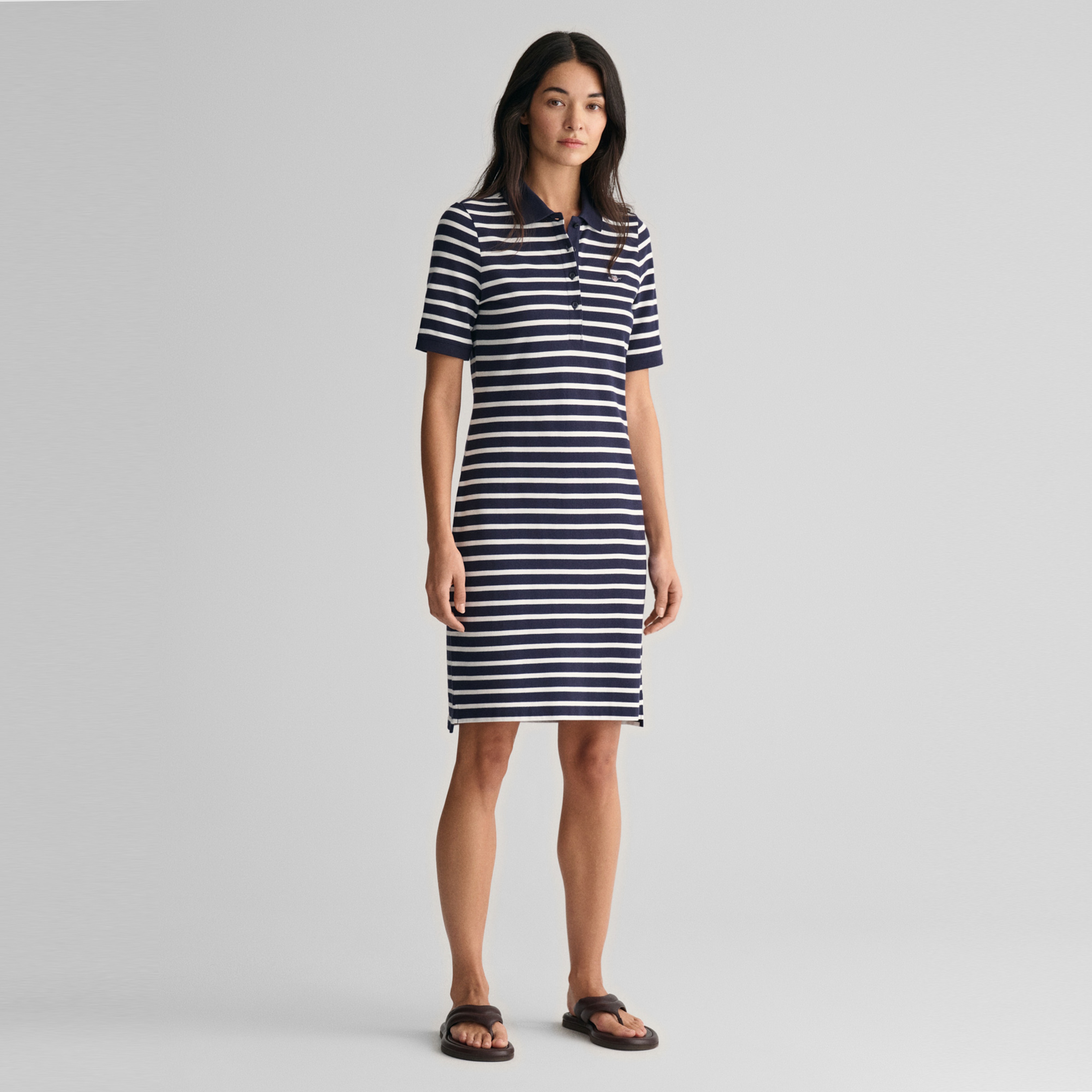 GANT Kadın Lacivert Slim Fit Polo Yaka Çizgili Elbise