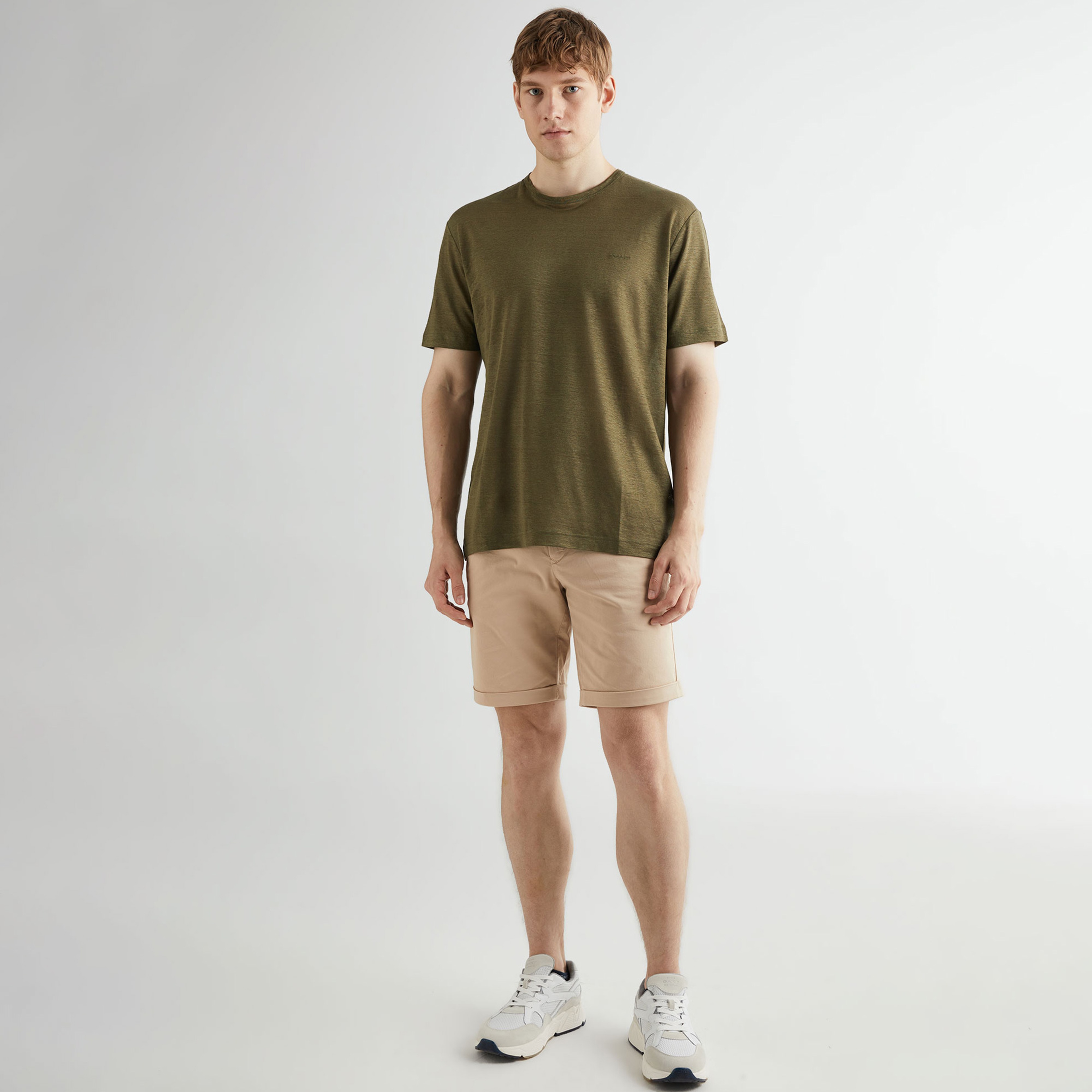 GANT Erkek Yeşil Regular Fit Bisiklet Yaka Keten T-shirt