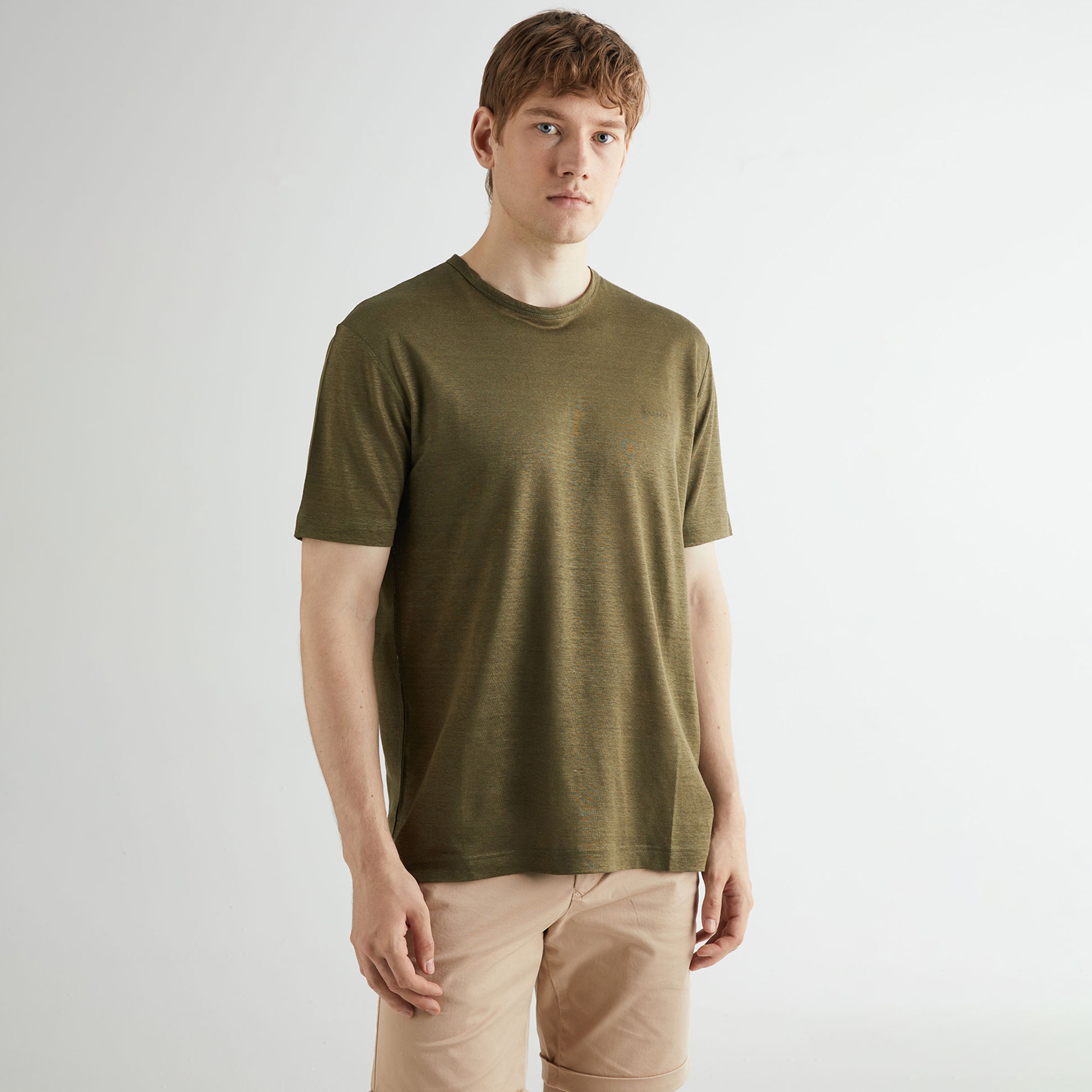 GANT Erkek Yeşil Regular Fit Bisiklet Yaka Keten T-shirt