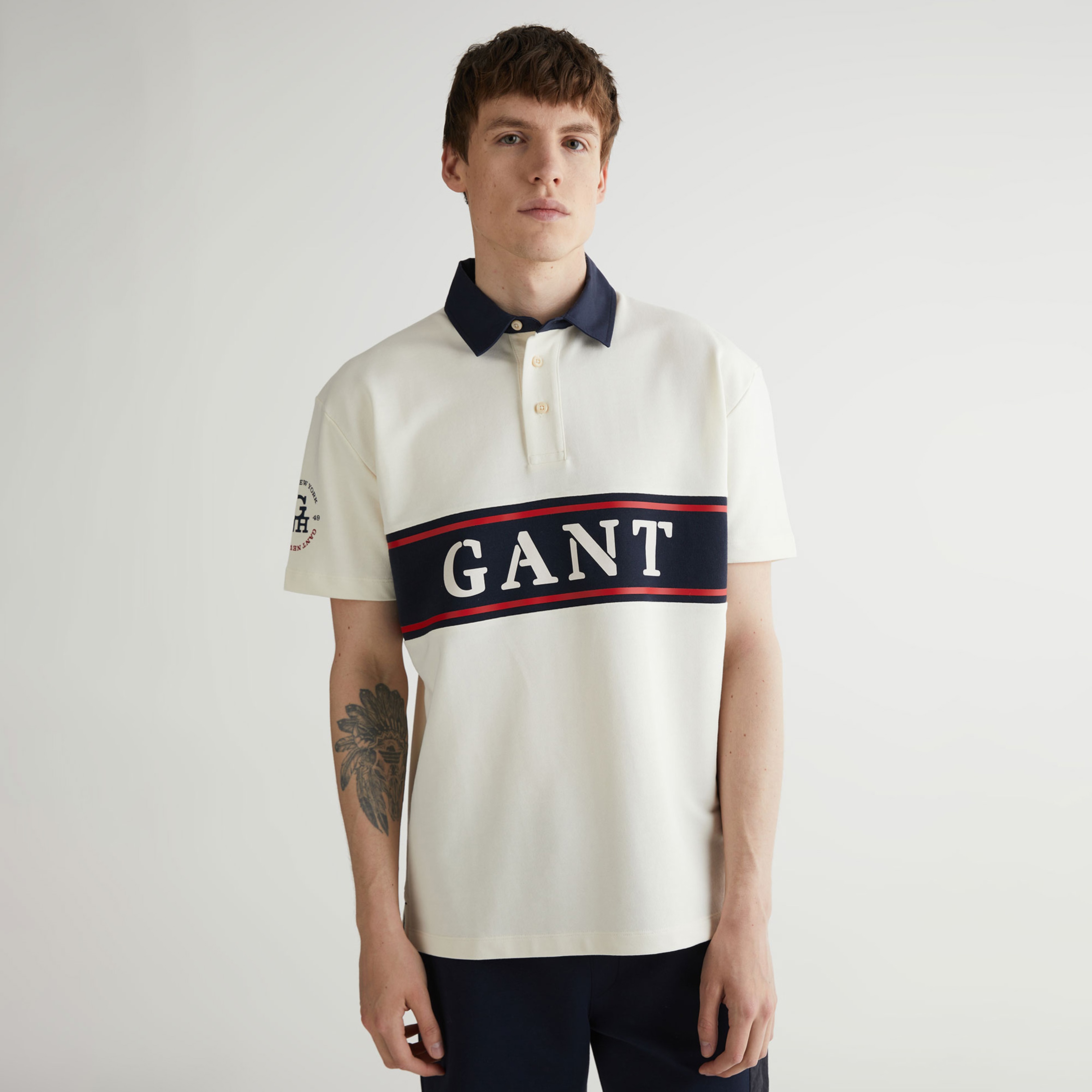 Erkek Krem Oversize Fit Renk Bloklu Logolu Polo