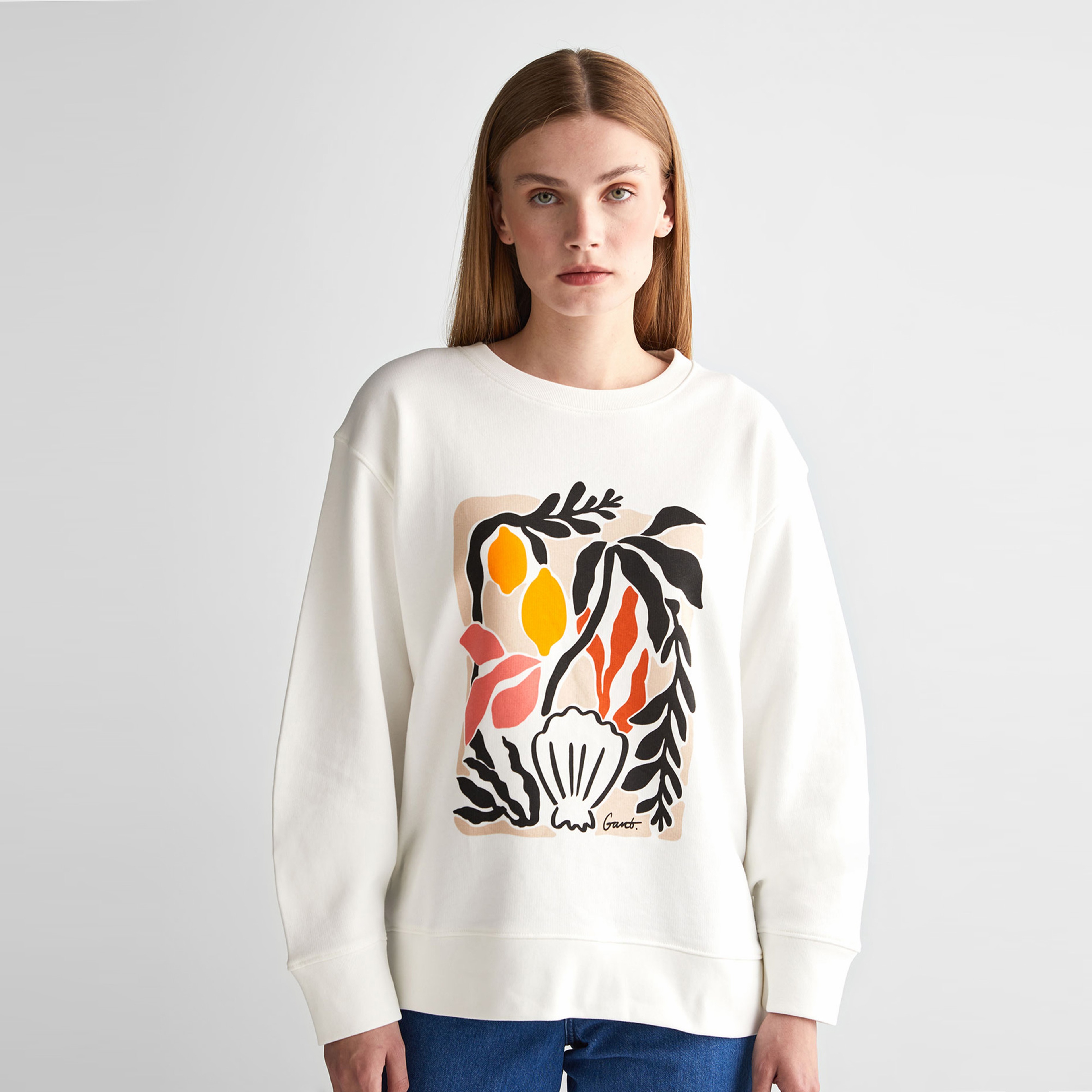 GANT Kadın Krem Relaxed Fit Bisiklet Yaka Desenli Sweatshirt