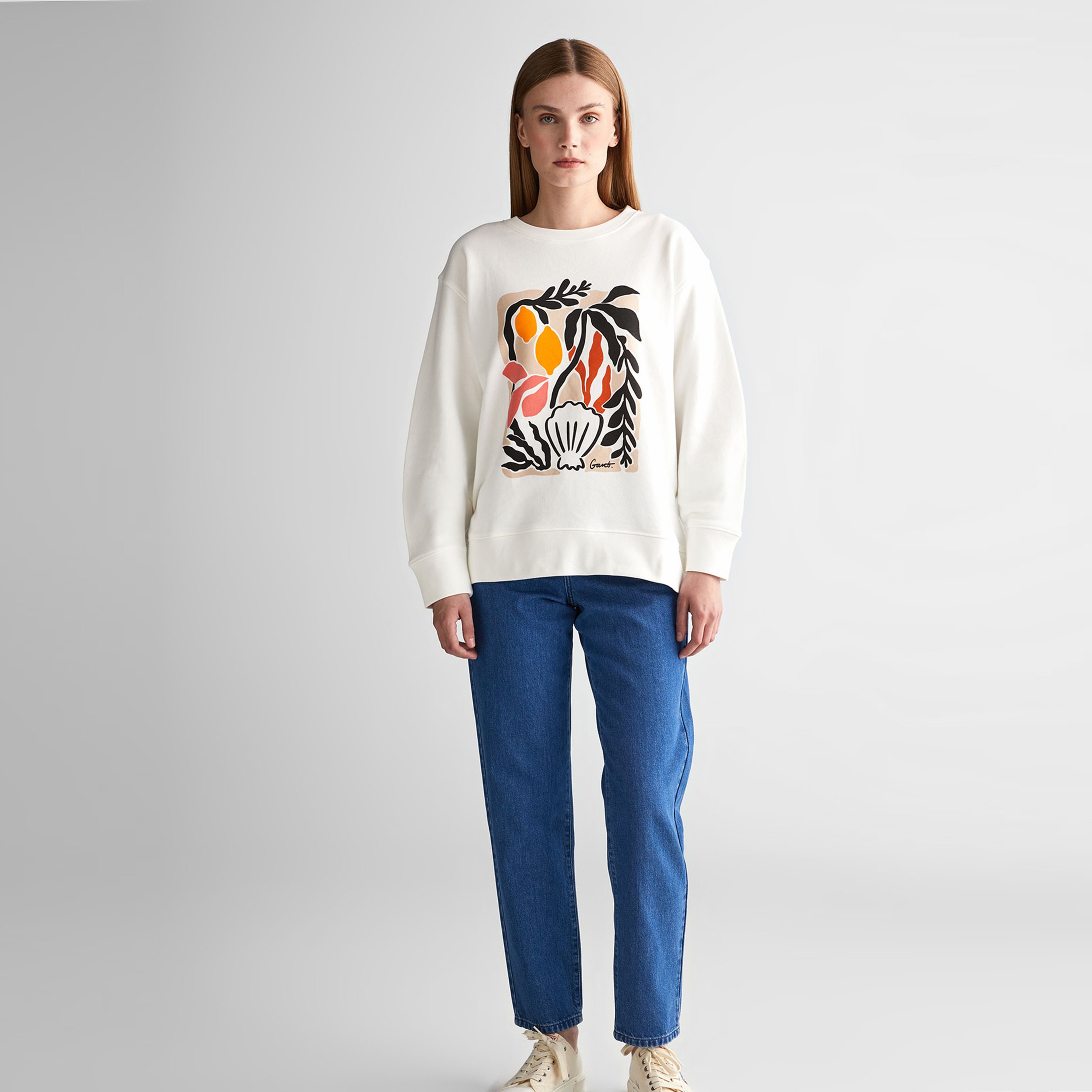 GANT Kadın Krem Relaxed Fit Bisiklet Yaka Desenli Sweatshirt