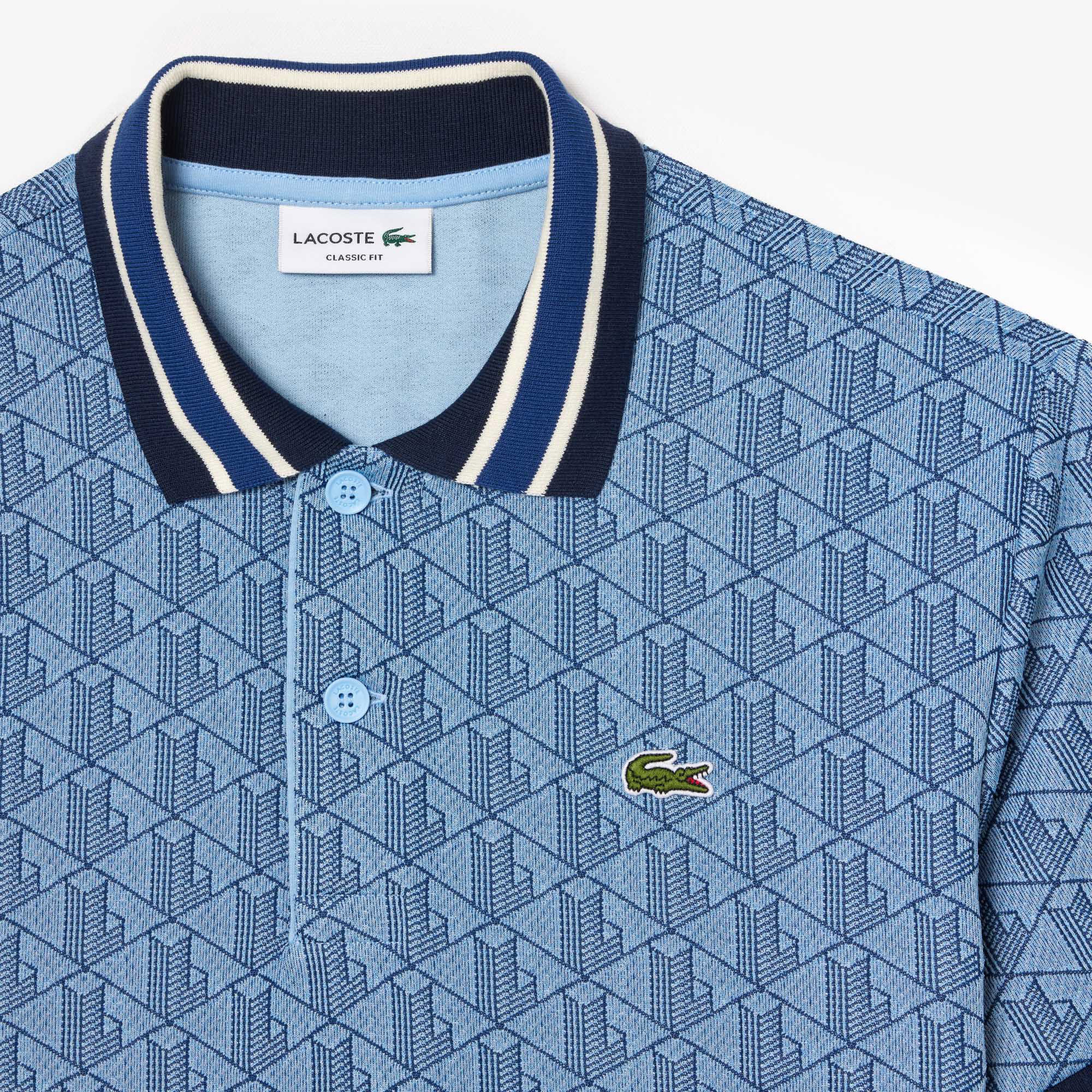 Lacoste Classic Fit Contrast Collar Monogram Erkek Mavi Polo
