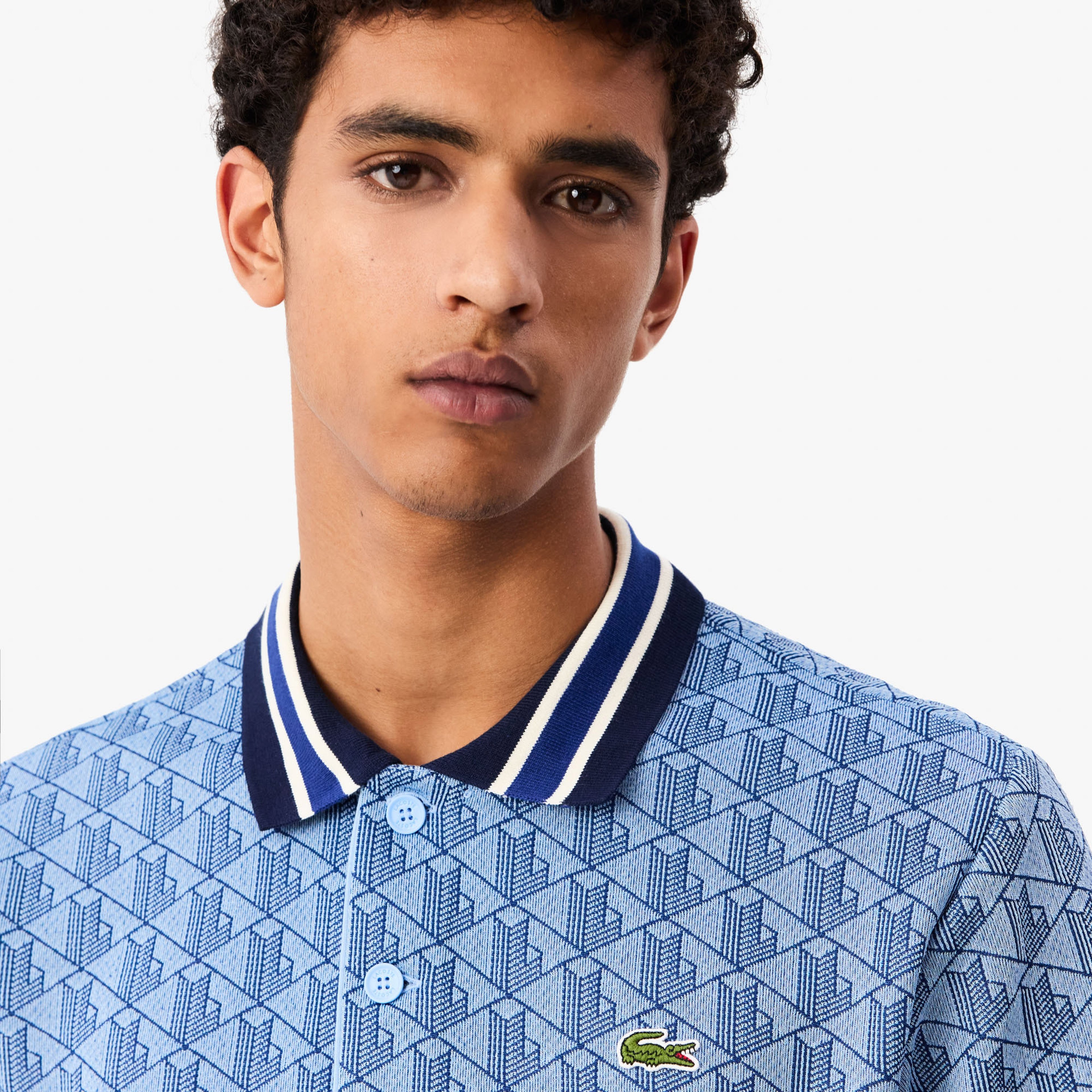 Lacoste Classic Fit Contrast Collar Monogram Erkek Mavi Polo