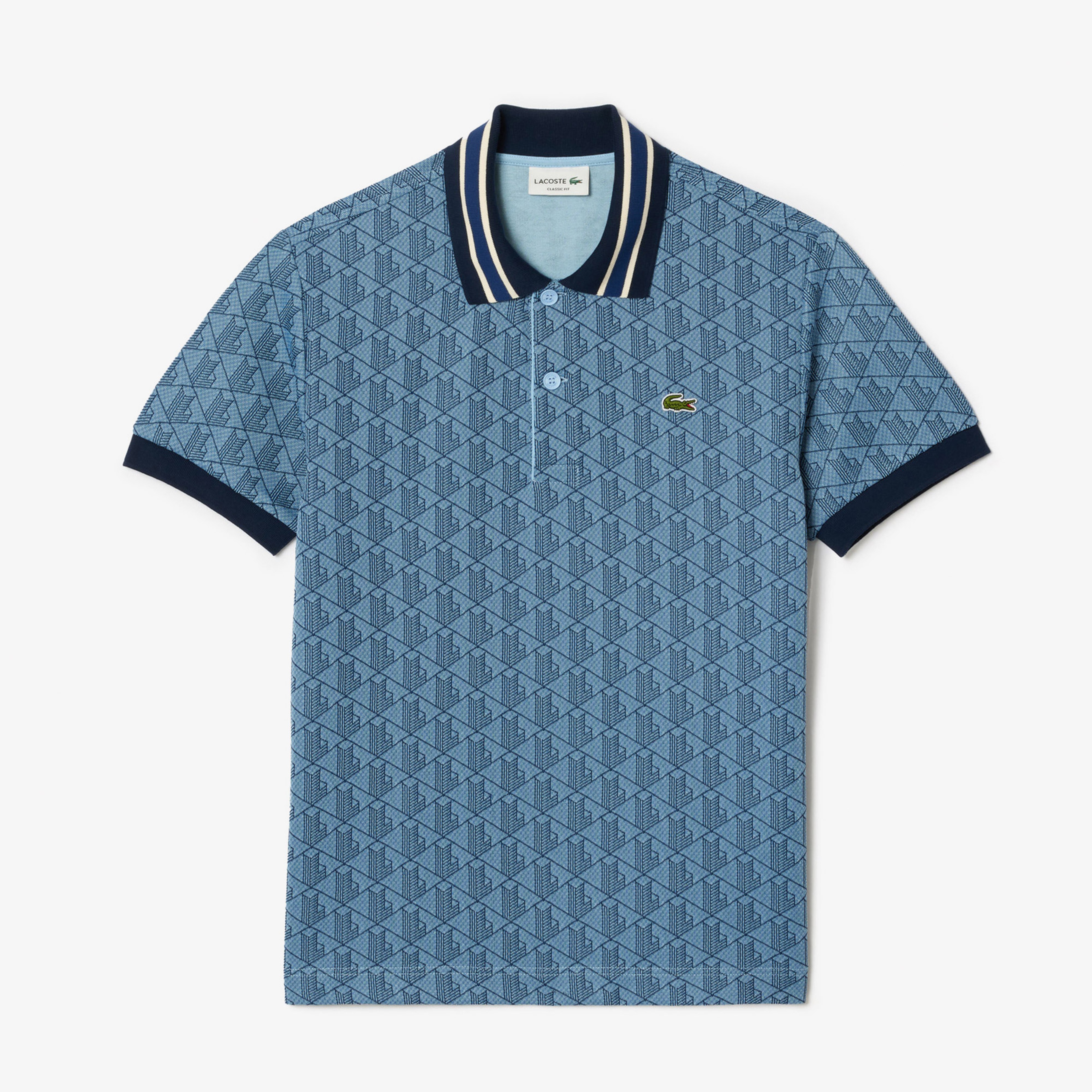 Lacoste Classic Fit Contrast Collar Monogram Erkek Mavi Polo