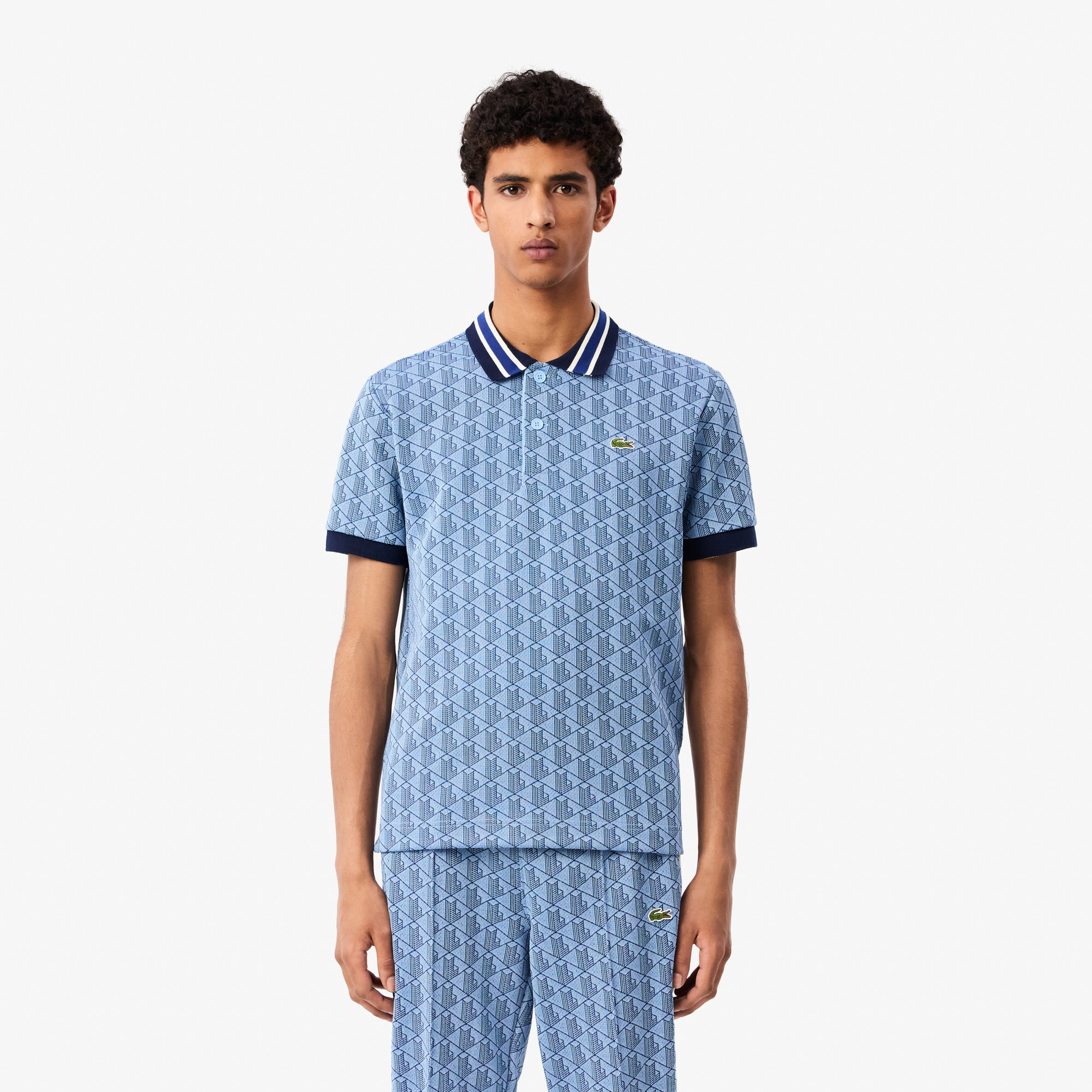 Lacoste Classic Fit Contrast Collar Monogram Erkek Mavi Polo