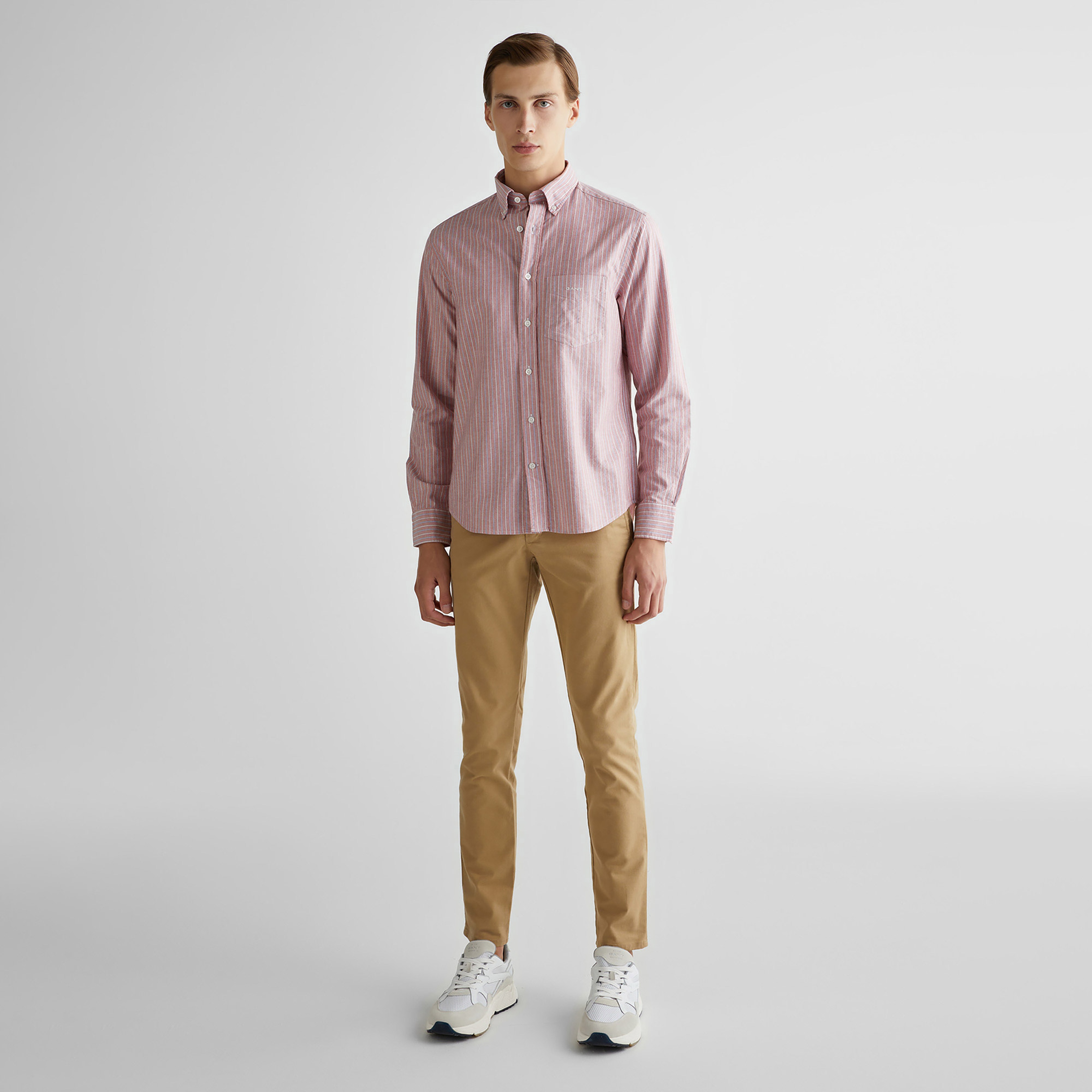 GANT Erkek Kırmızı Regular Fit Düğmeli Yaka Çizgili Gömlek