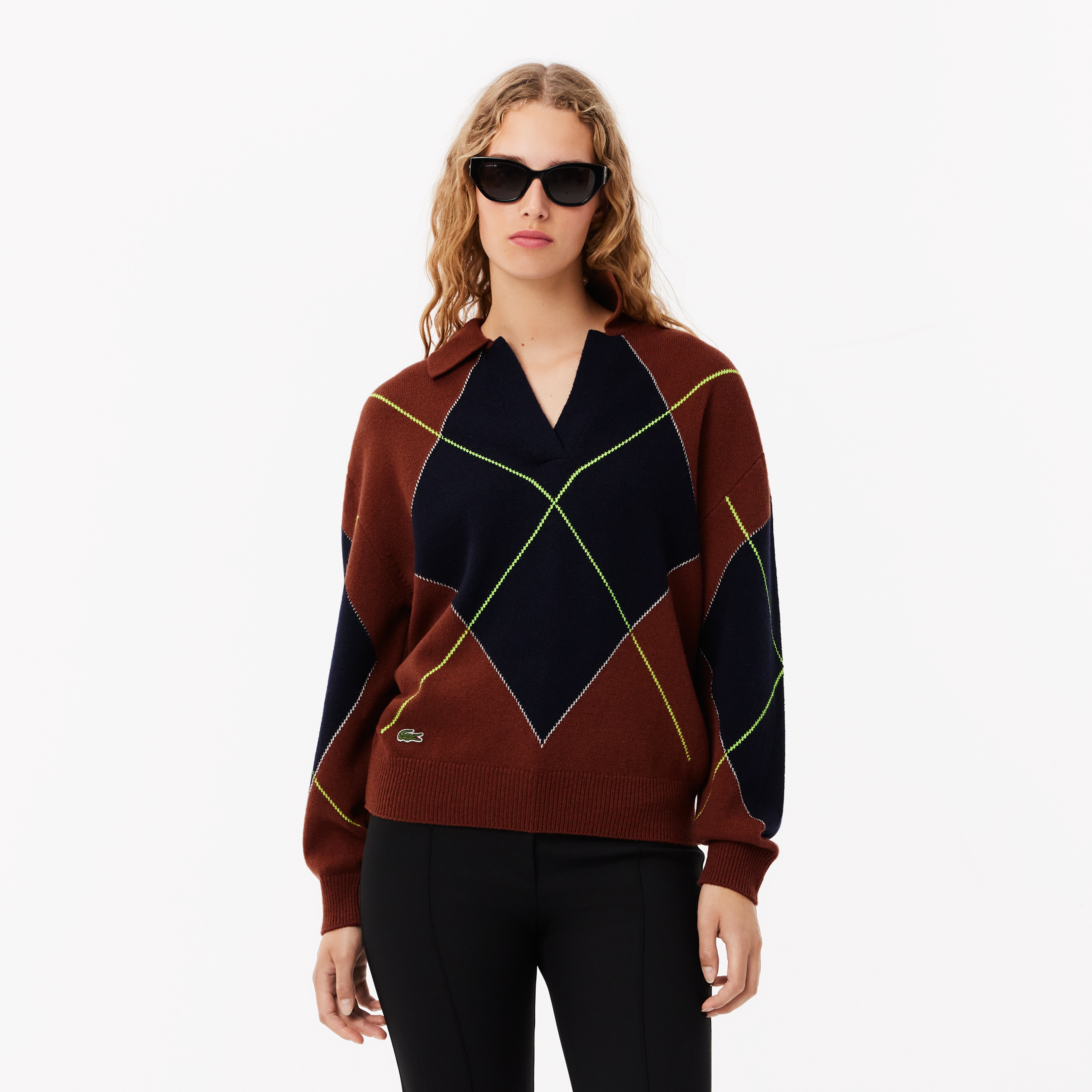 Kadın Relaxed Fit Yün Polo Yaka Renk Bloklu Bordo Triko