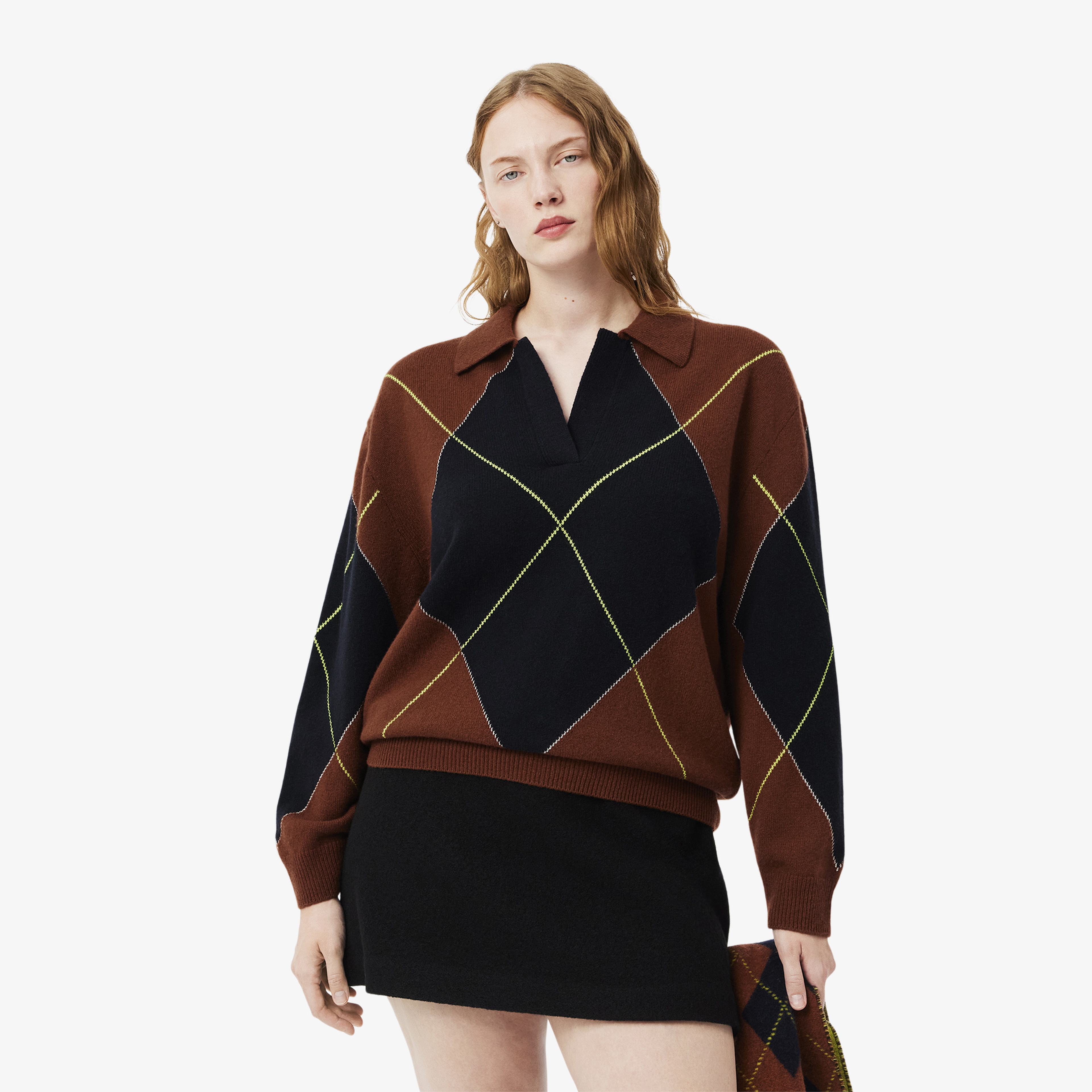 Kadın Relaxed Fit Yün Polo Yaka Renk Bloklu Bordo Triko