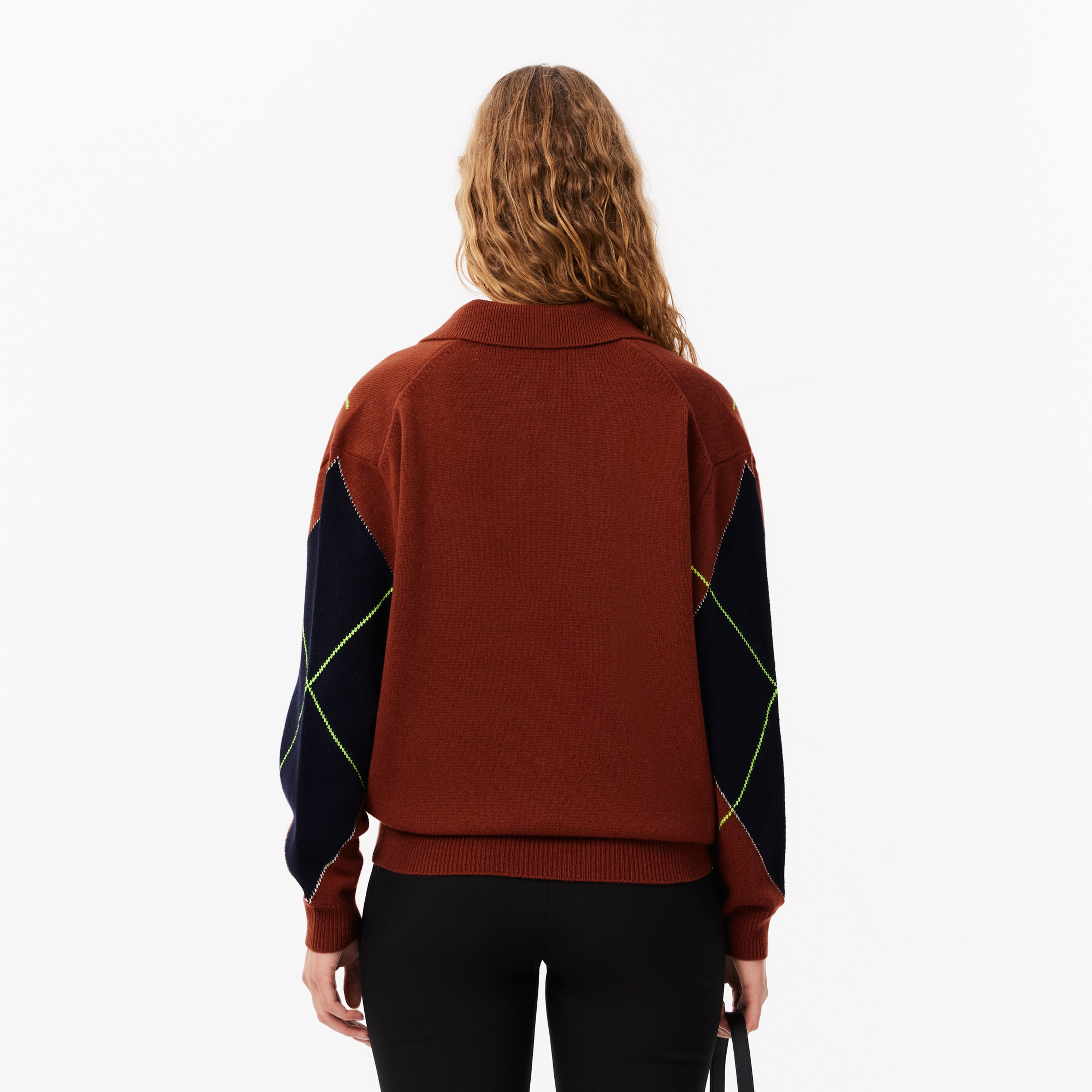 Kadın Relaxed Fit Yün Polo Yaka Renk Bloklu Bordo Triko