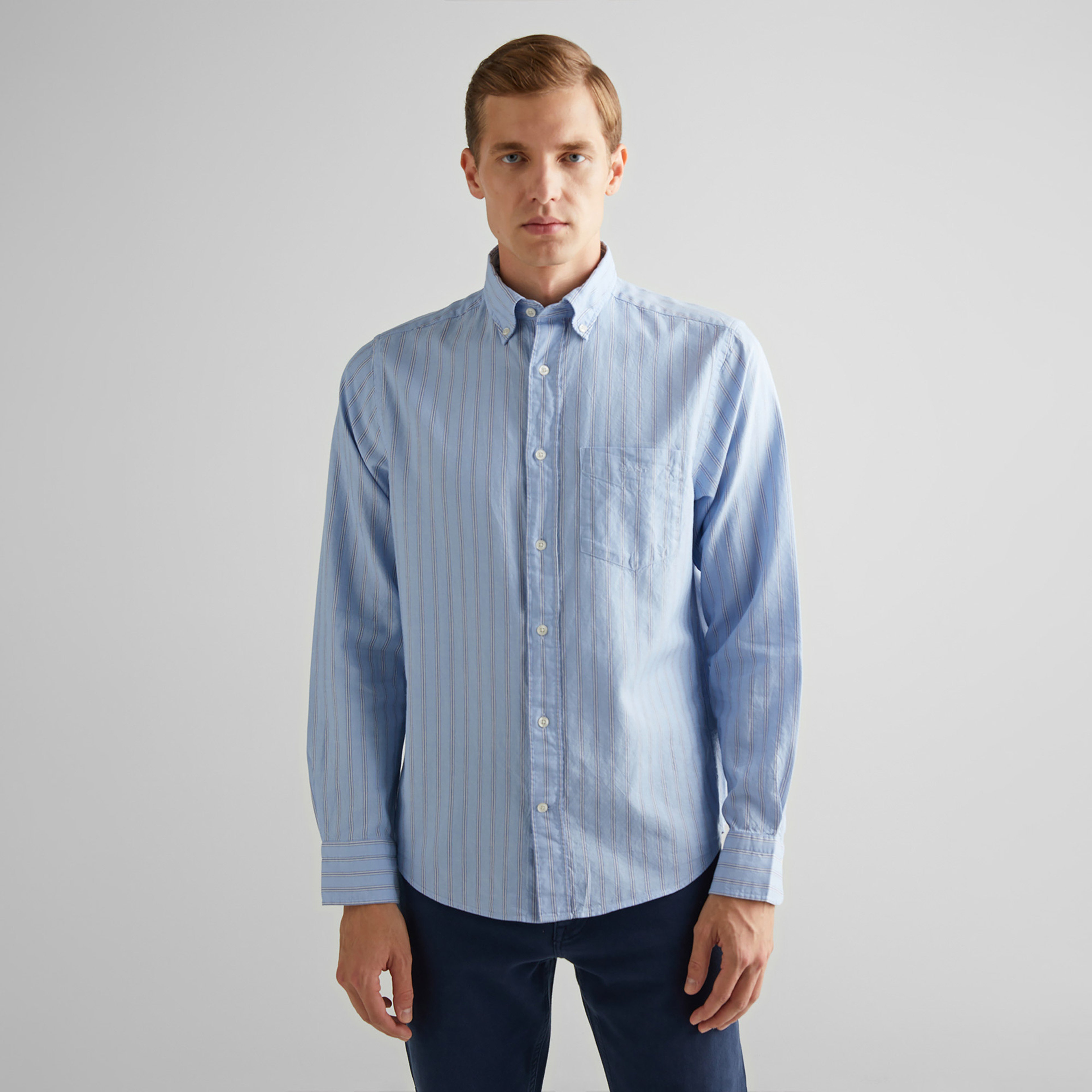 GANT Erkek Mavi Regular Fit Düğmeli Yaka Çizgili Oxford Gömlek