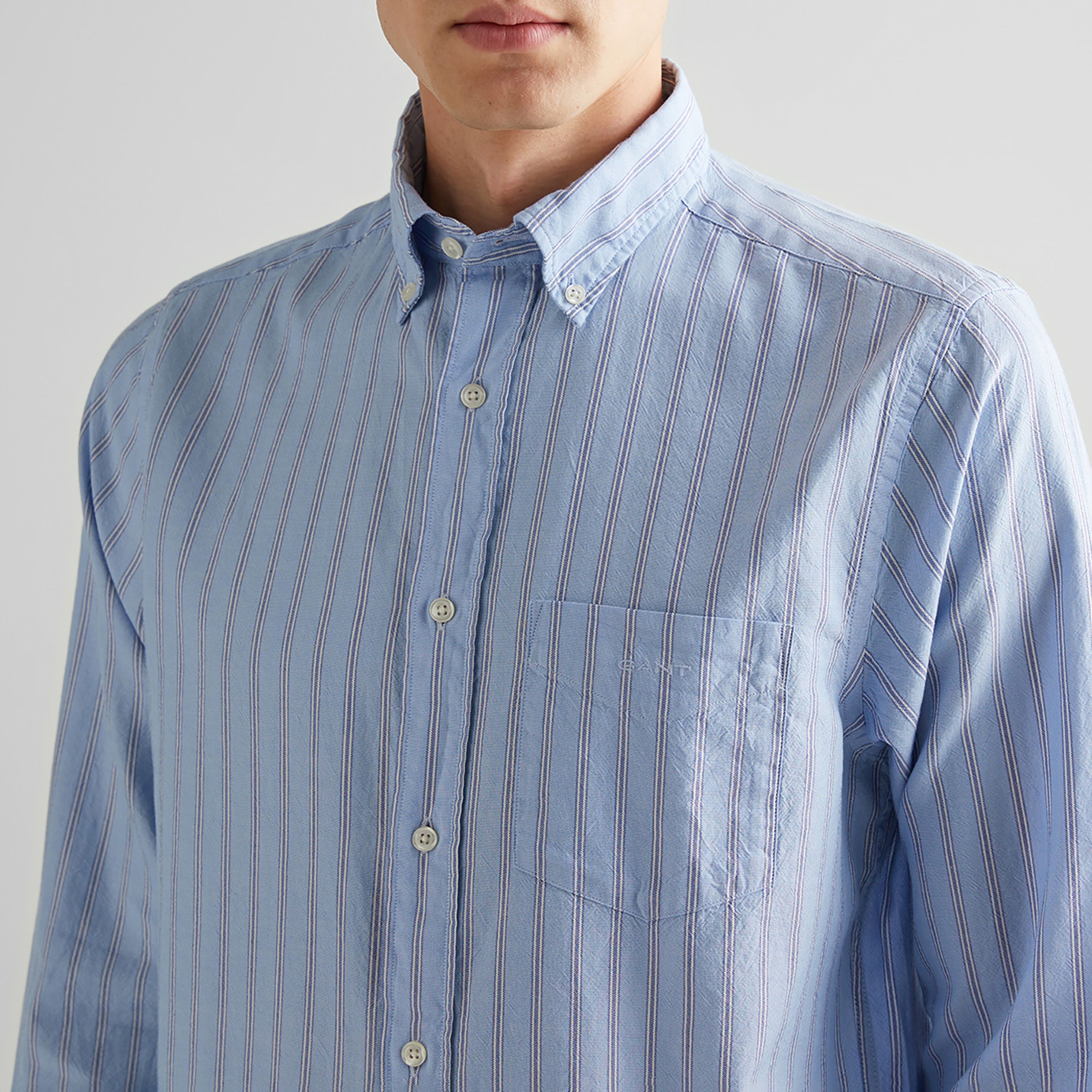 GANT Erkek Mavi Regular Fit Düğmeli Yaka Çizgili Oxford Gömlek