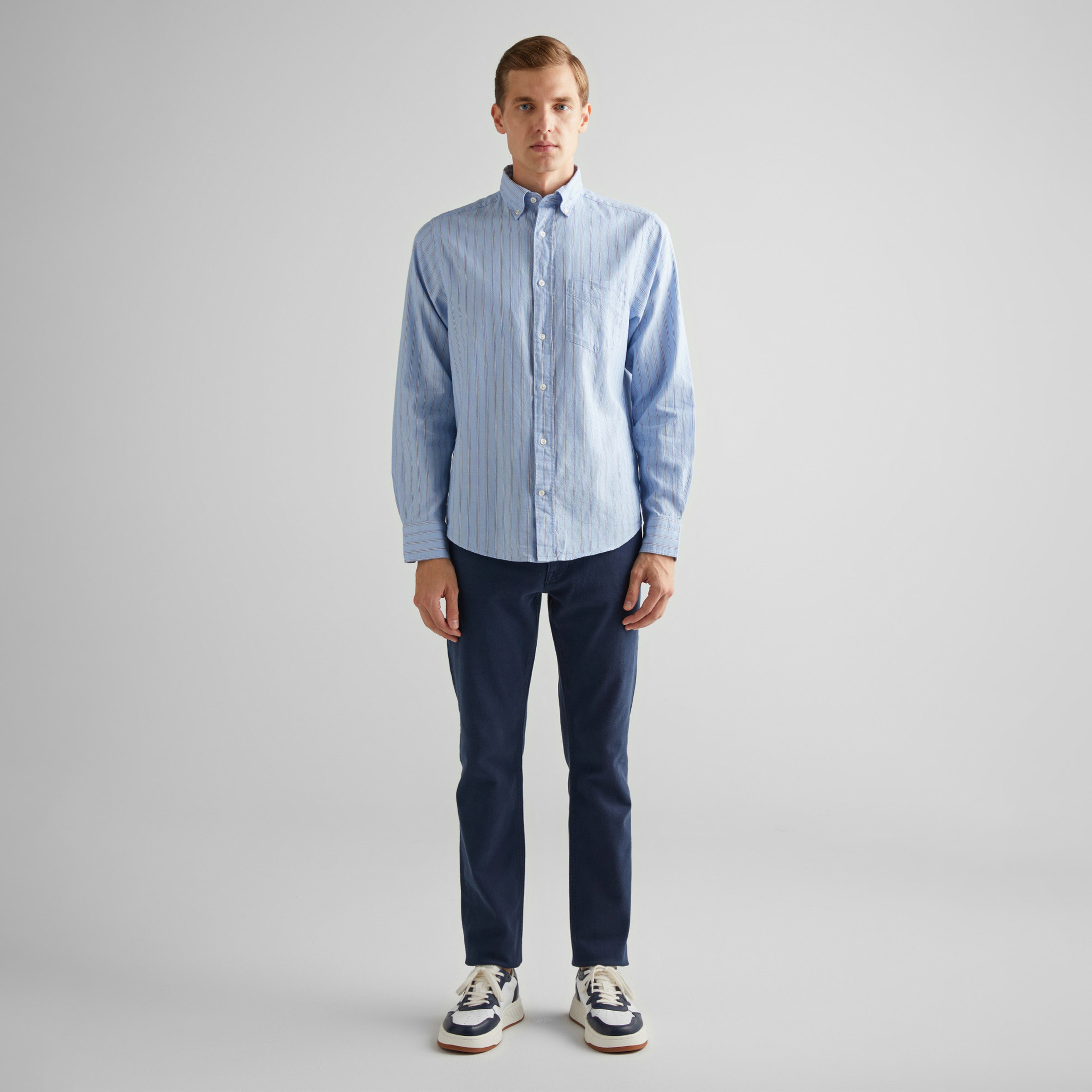 GANT Erkek Mavi Regular Fit Düğmeli Yaka Çizgili Oxford Gömlek