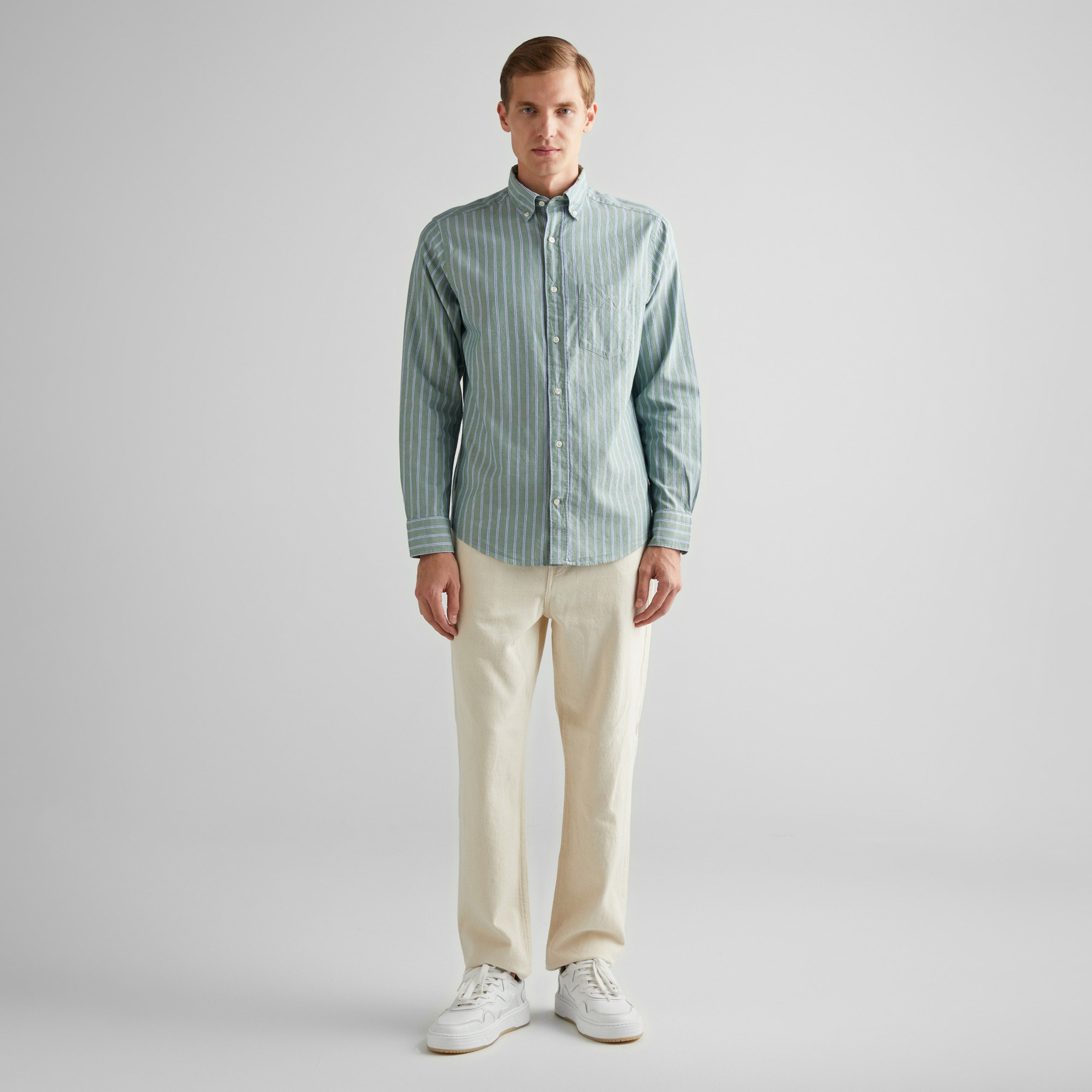 GANT Erkek Yeşil Regular Fit Düğmeli Yaka Çizgili Oxford Gömlek