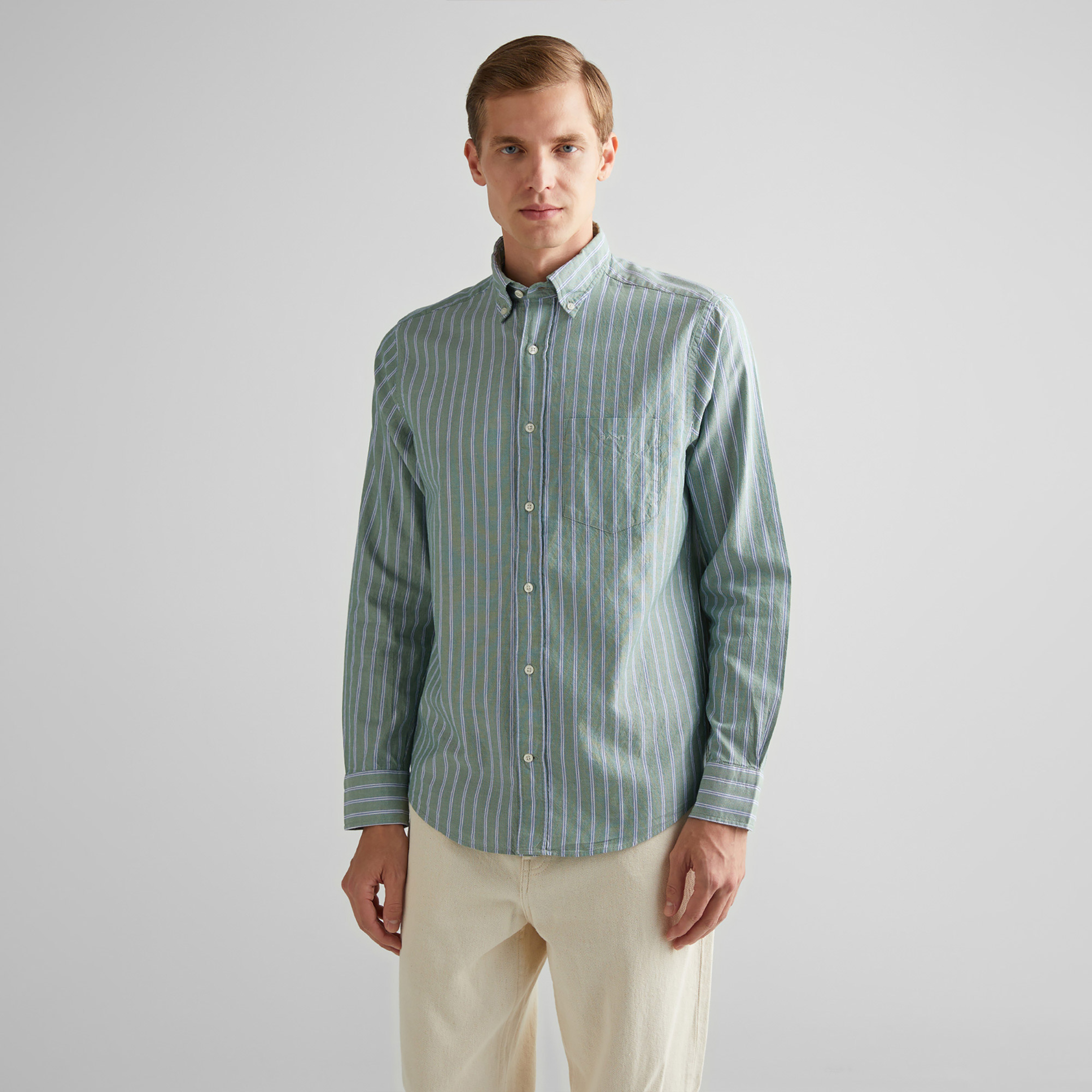 GANT Erkek Yeşil Regular Fit Düğmeli Yaka Çizgili Oxford Gömlek