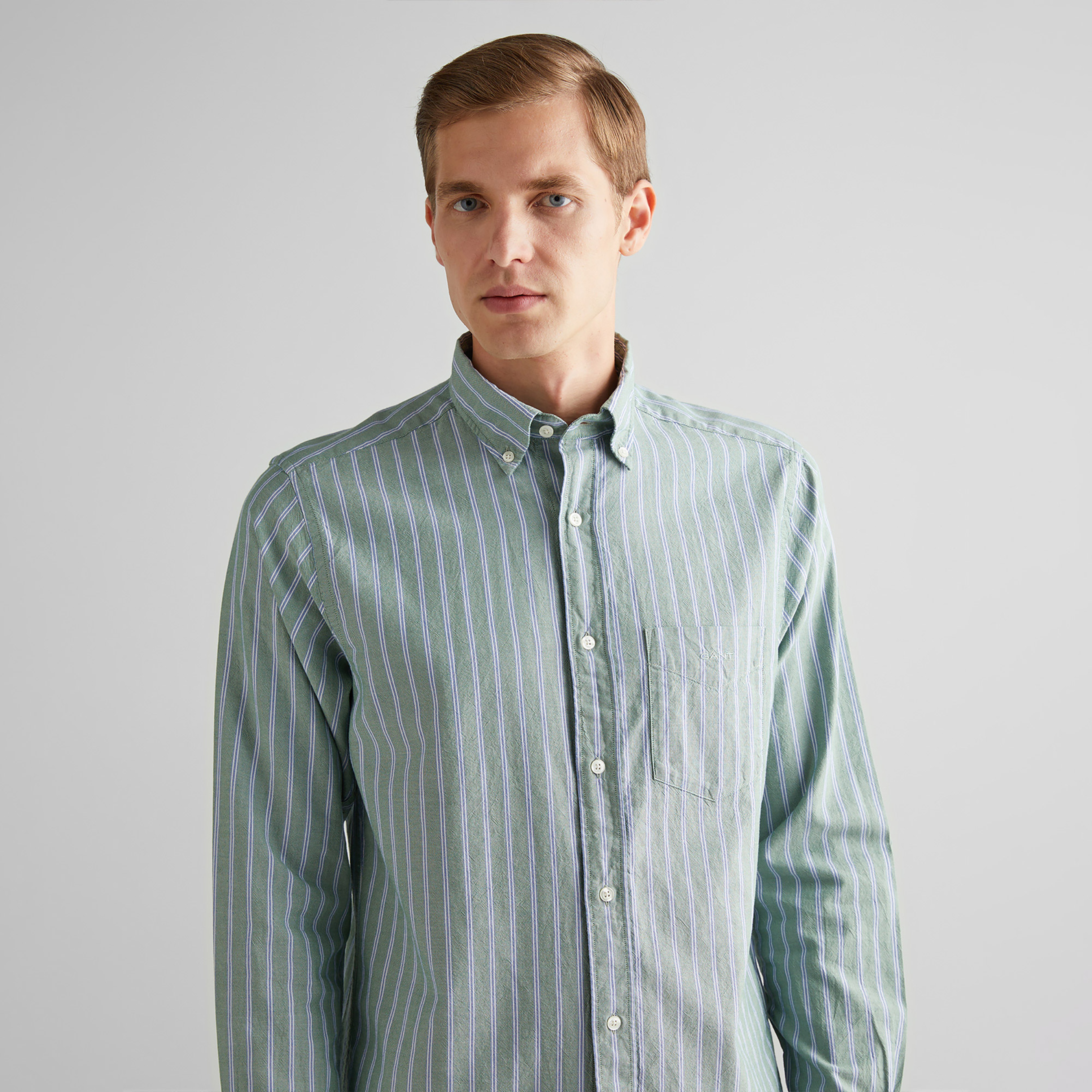 GANT Erkek Yeşil Regular Fit Düğmeli Yaka Çizgili Oxford Gömlek