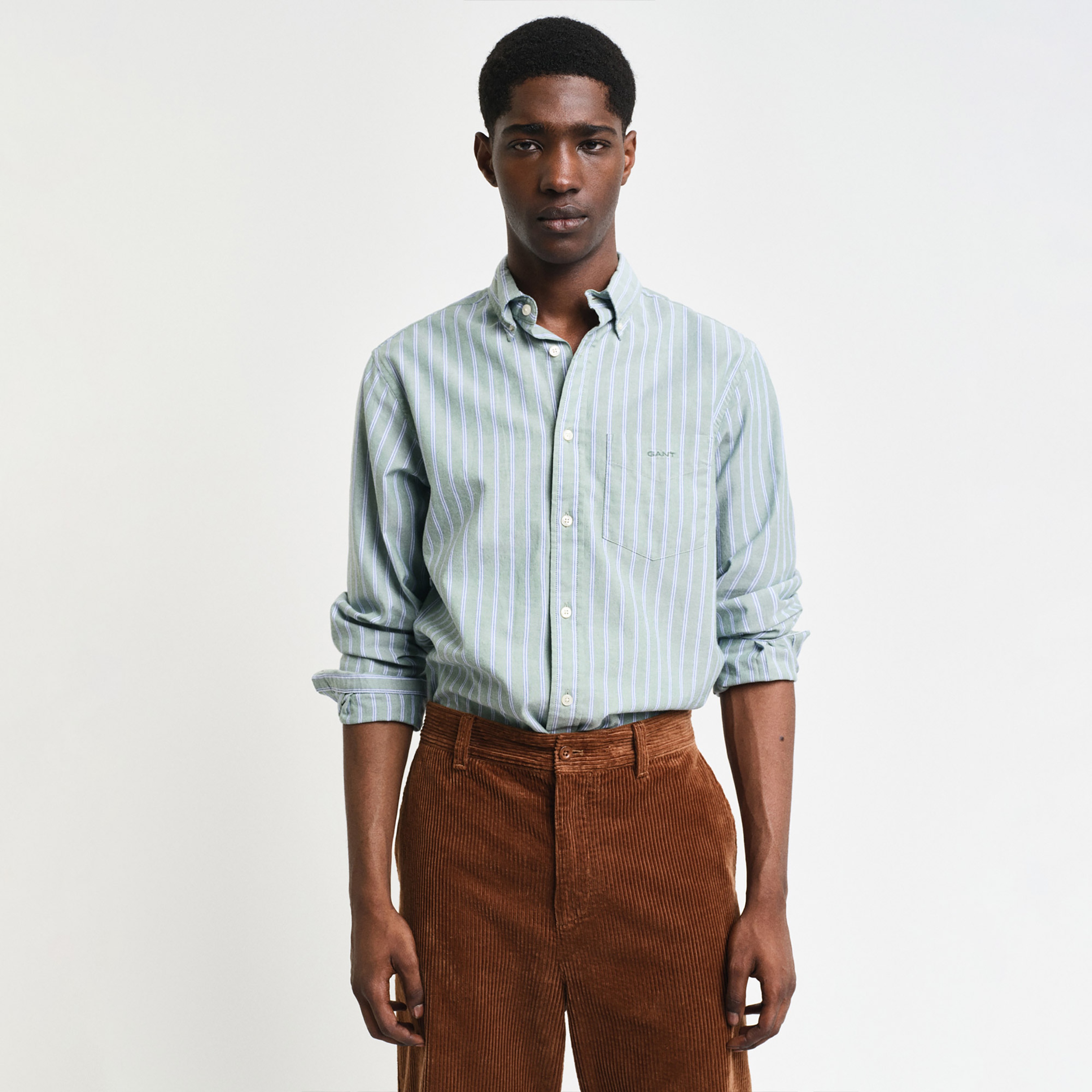 GANT Erkek Yeşil Regular Fit Düğmeli Yaka Çizgili Oxford Gömlek