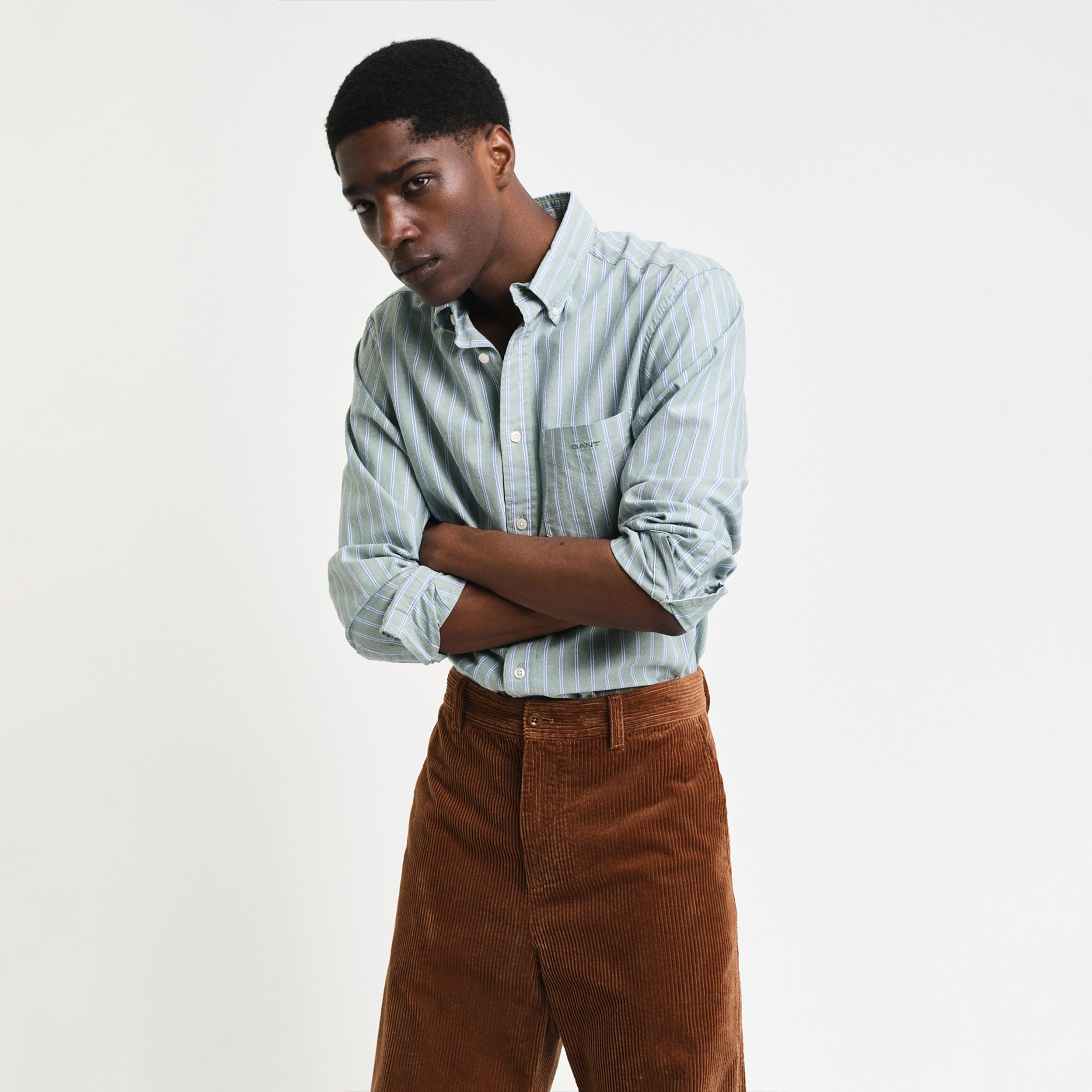 GANT Erkek Yeşil Regular Fit Düğmeli Yaka Çizgili Oxford Gömlek