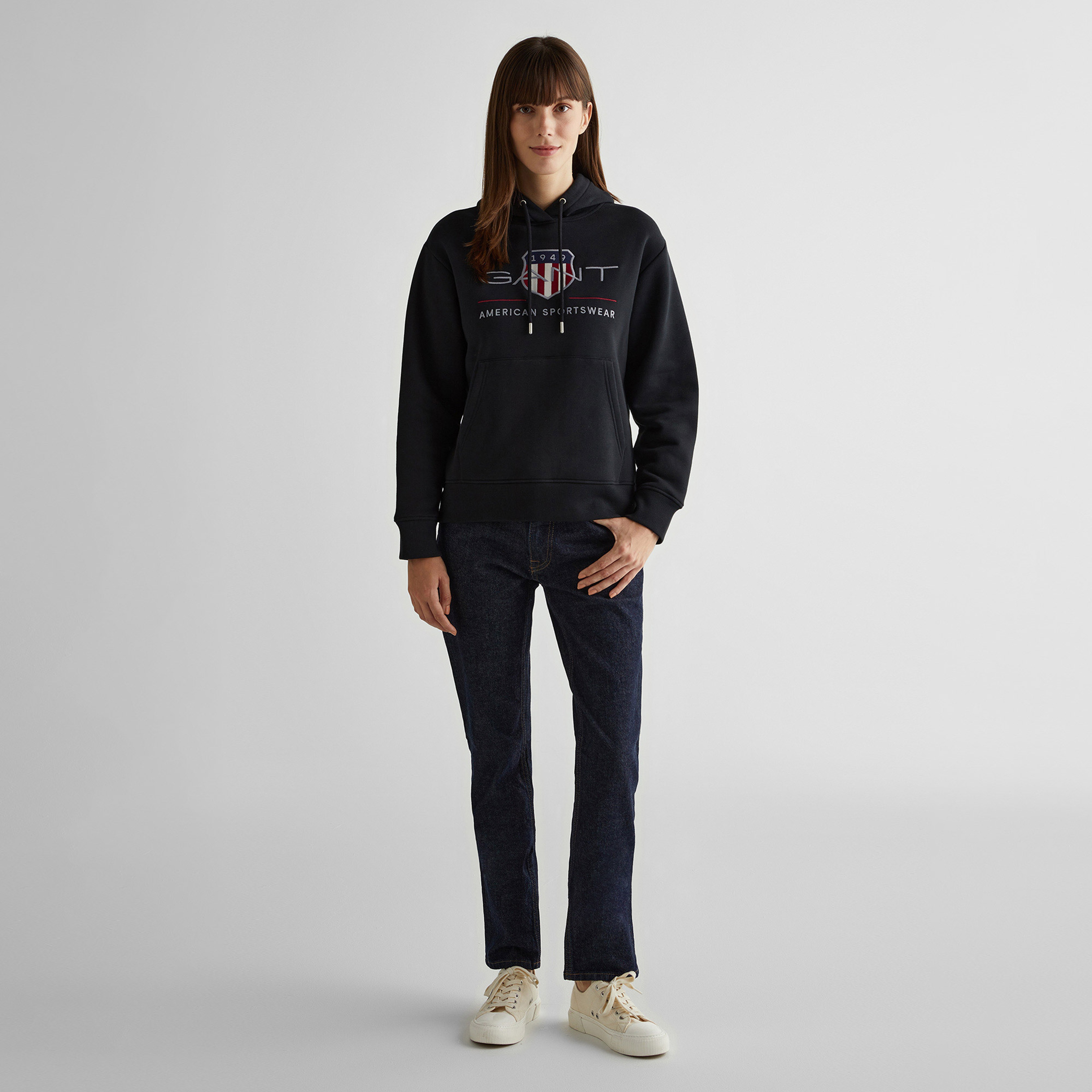 GANT Kadın Siyah Relaxed Fit Kapüşonlu Logolu Sweatshirt