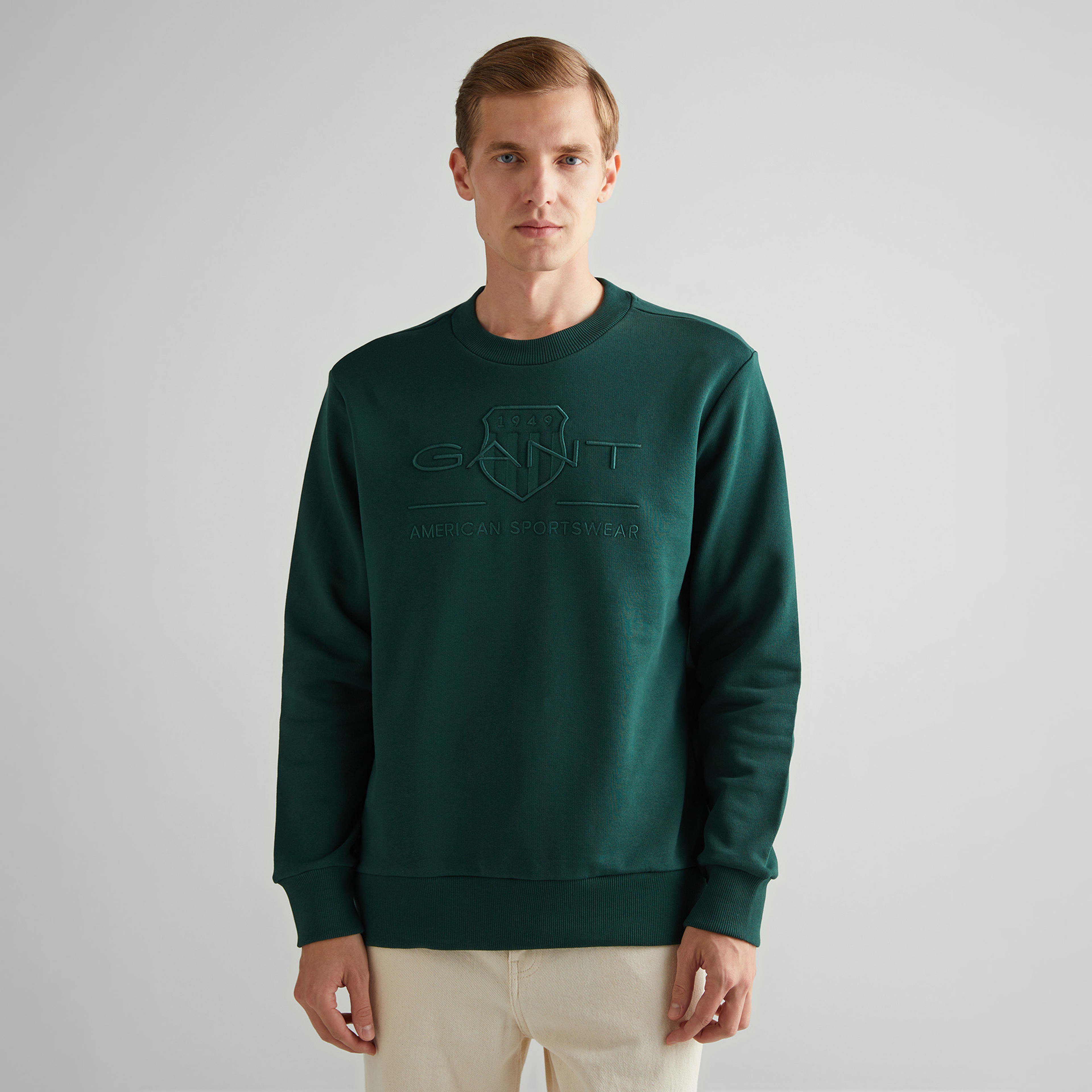 GANT Erkek Yeşil Regular Fit Bisiklet Yaka Logolu Sweatshirt