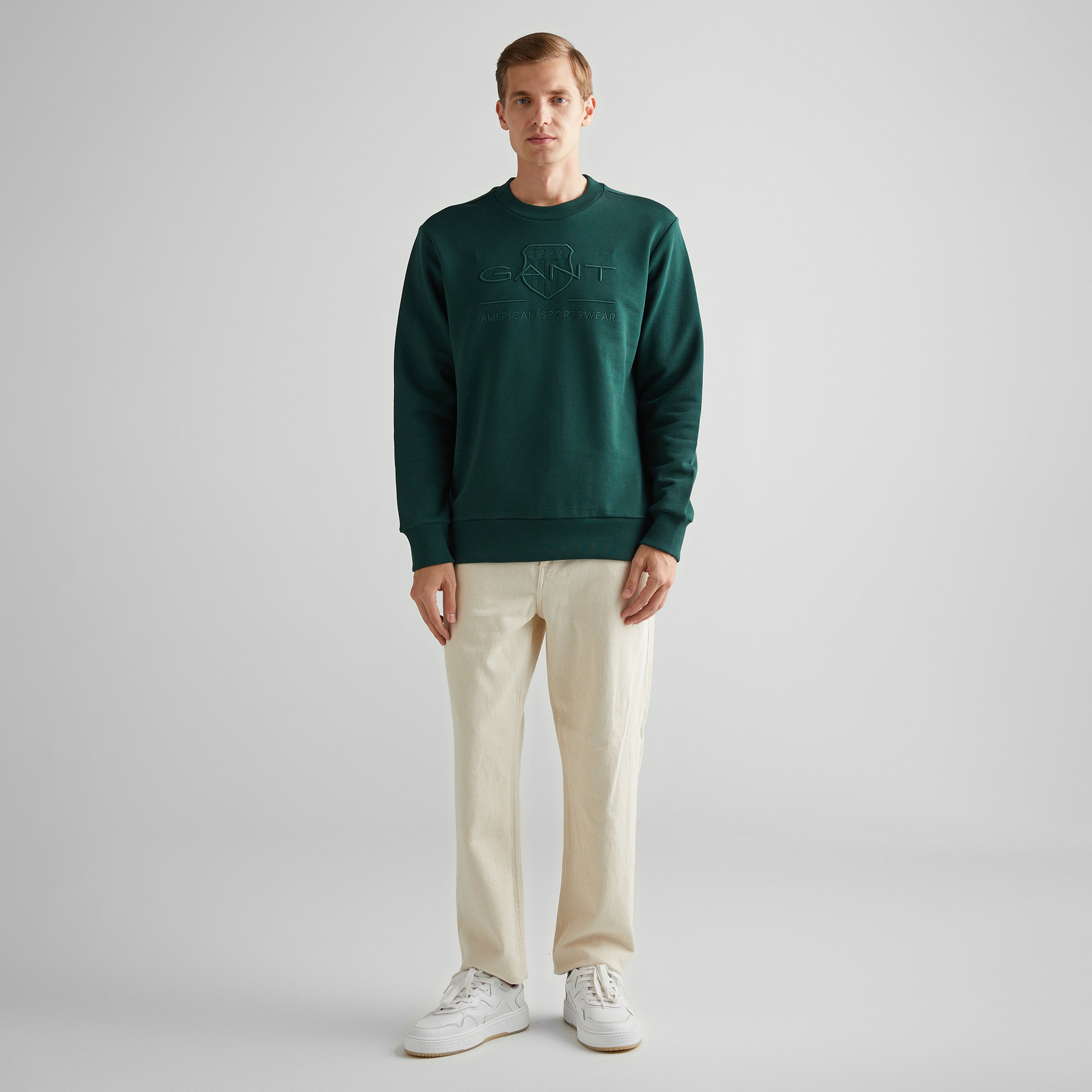GANT Erkek Yeşil Regular Fit Bisiklet Yaka Logolu Sweatshirt