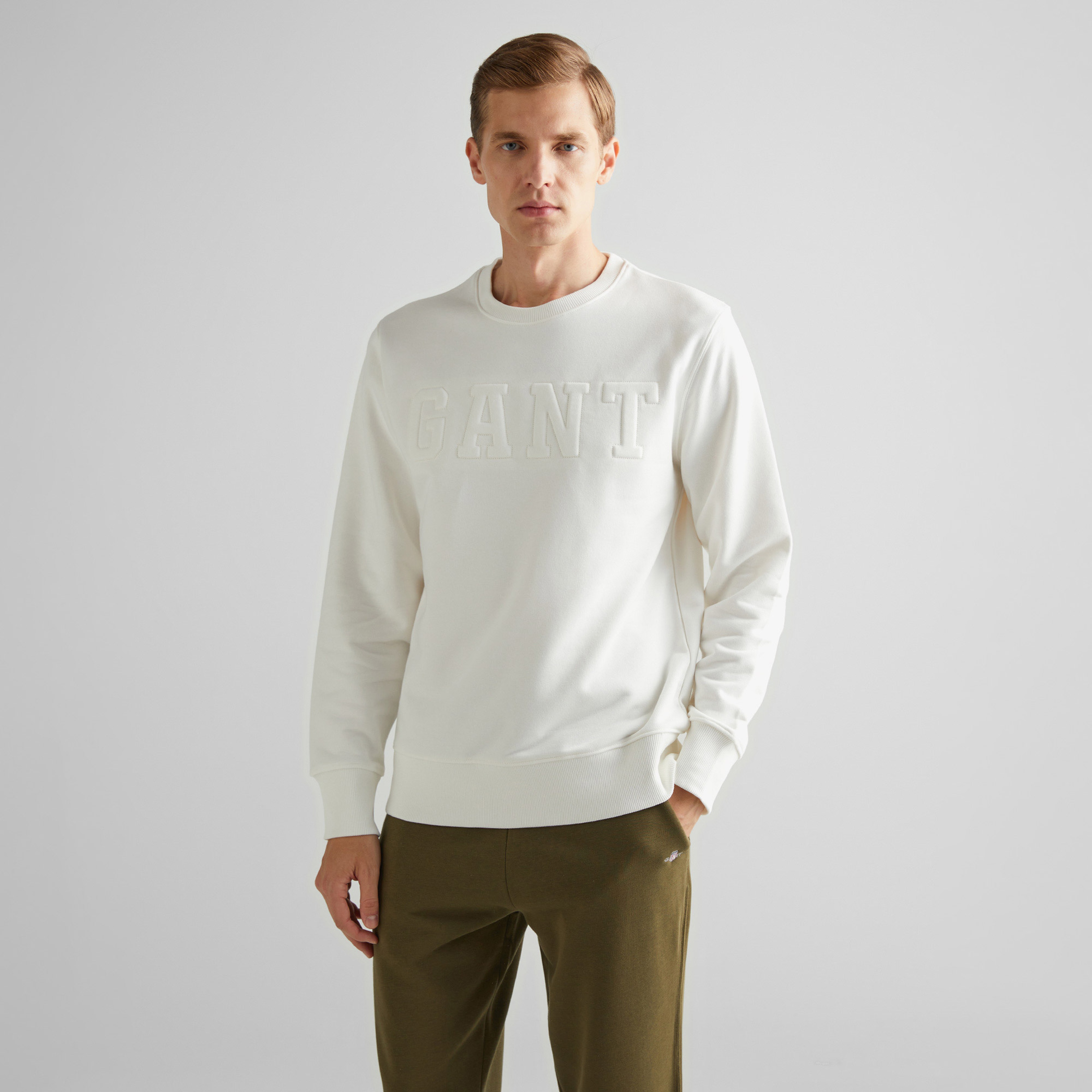 GANT Erkek Krem Regular Fit Bisiklet Yaka Logolu Sweatshirt