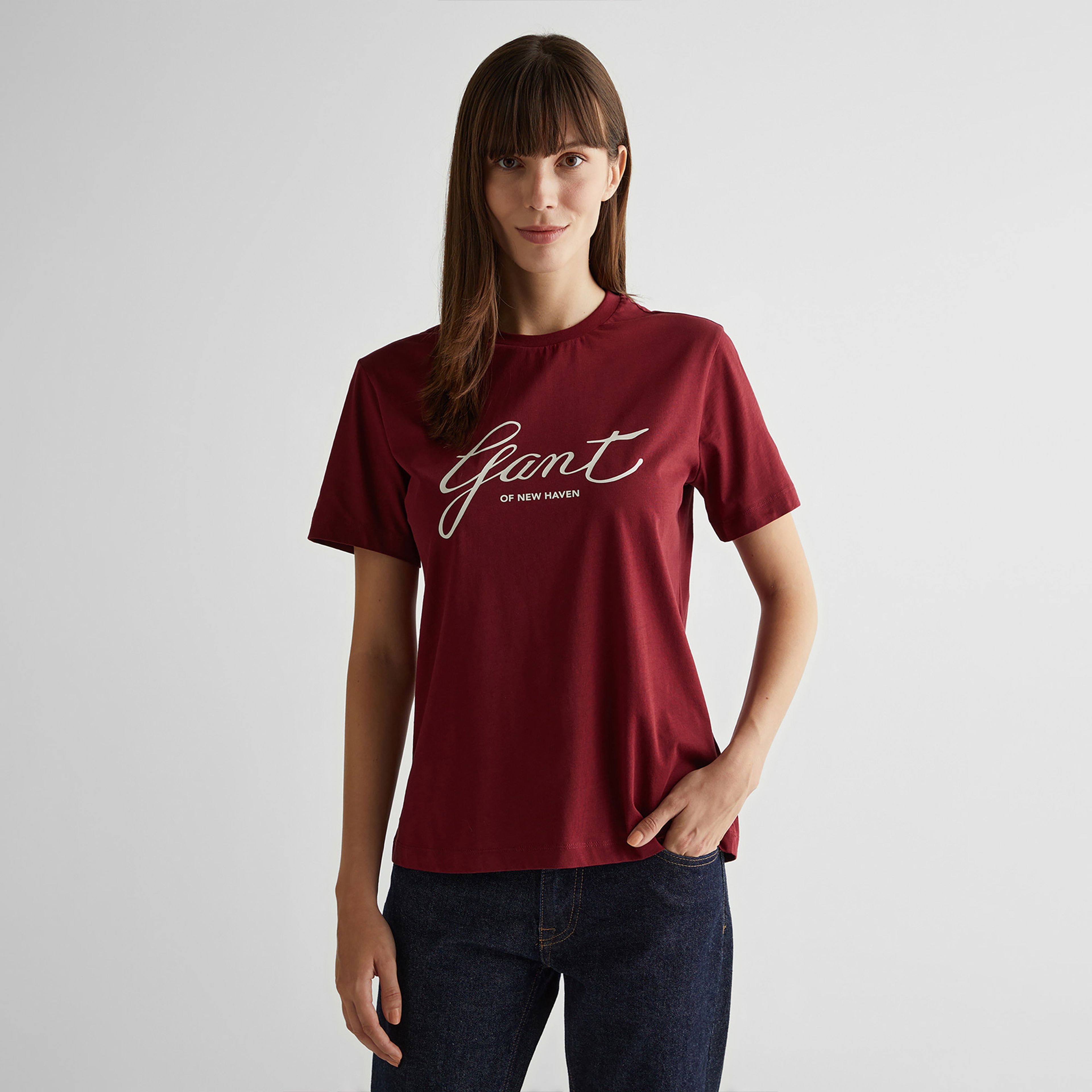 GANT Kadın Bordo Regular Fit Bisiklet Yaka Logolu T-Shirt