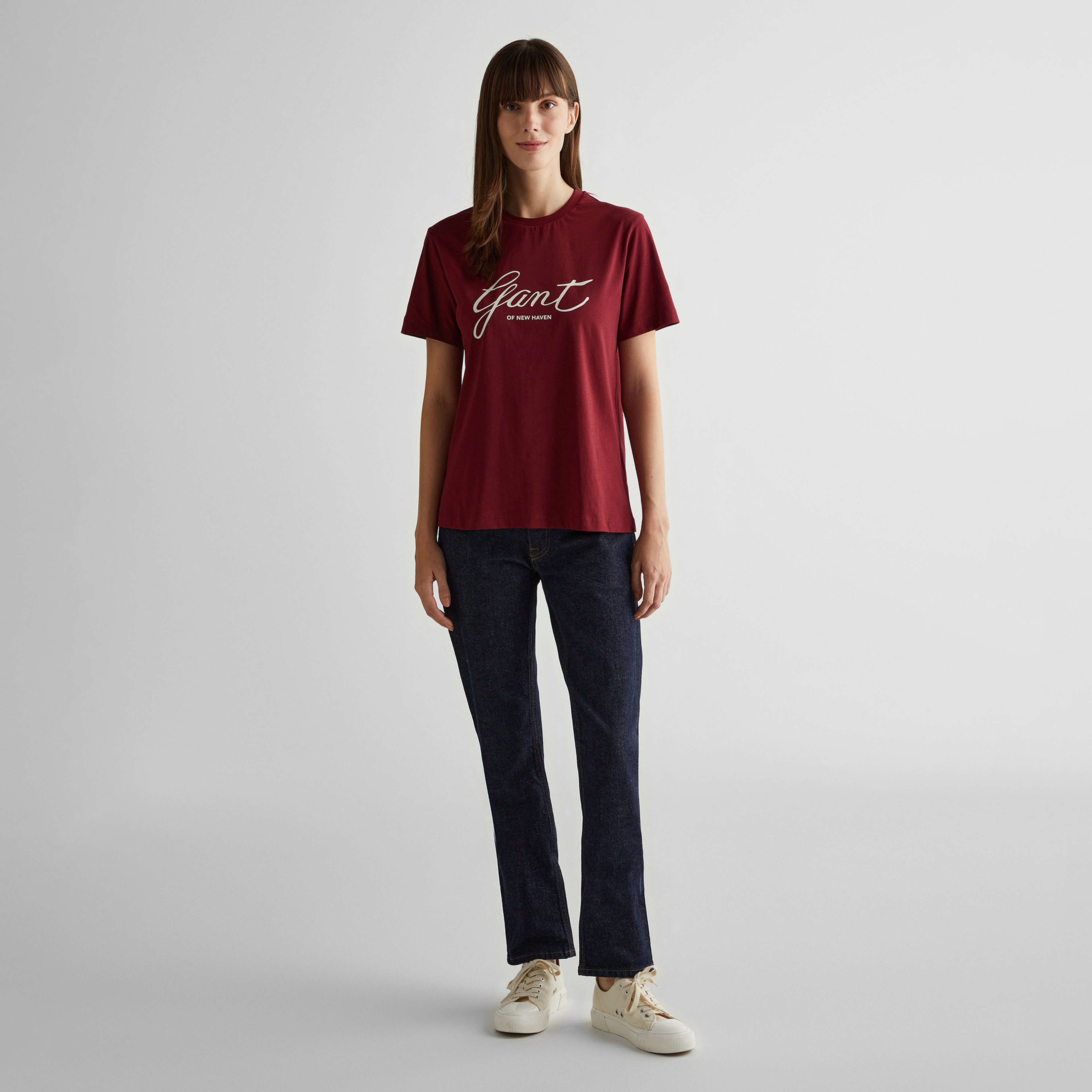 GANT Kadın Bordo Regular Fit Bisiklet Yaka Logolu T-Shirt
