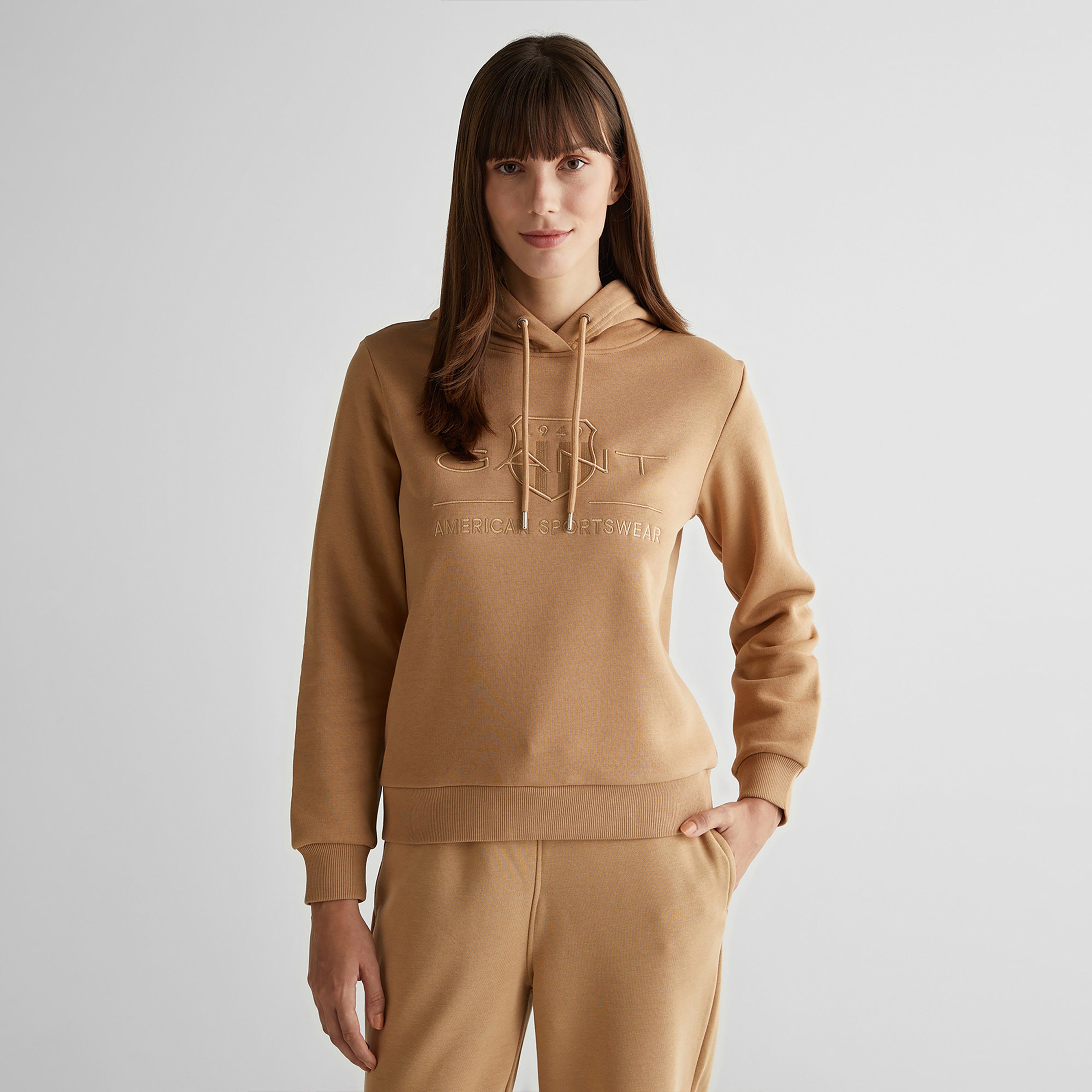 GANT Kadın Kahverengi Regular Fit Kapüşonlu Logolu Sweatshirt