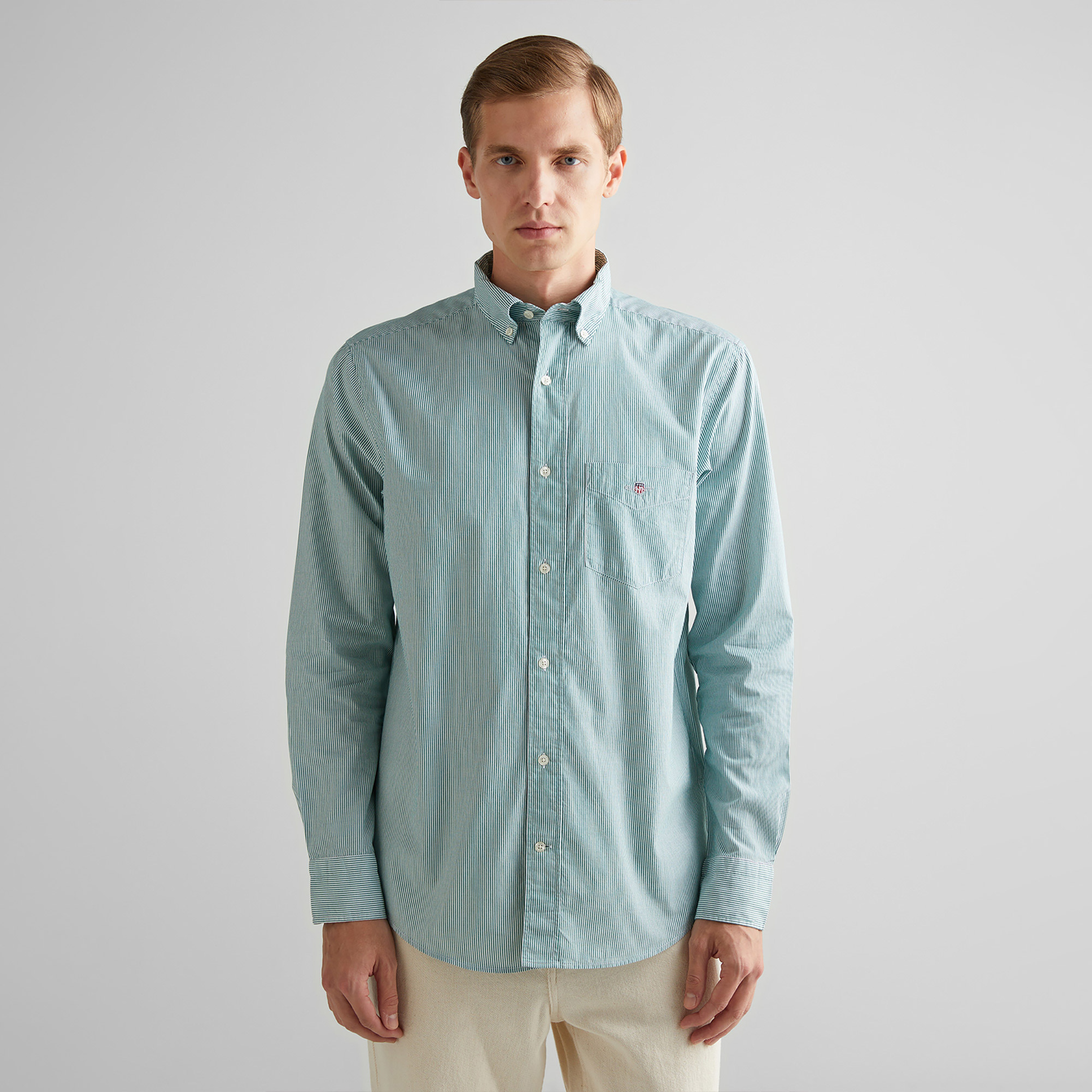 GANT Erkek Yeşil Regular Fit Çizgili Düğmeli Yaka Gömlek