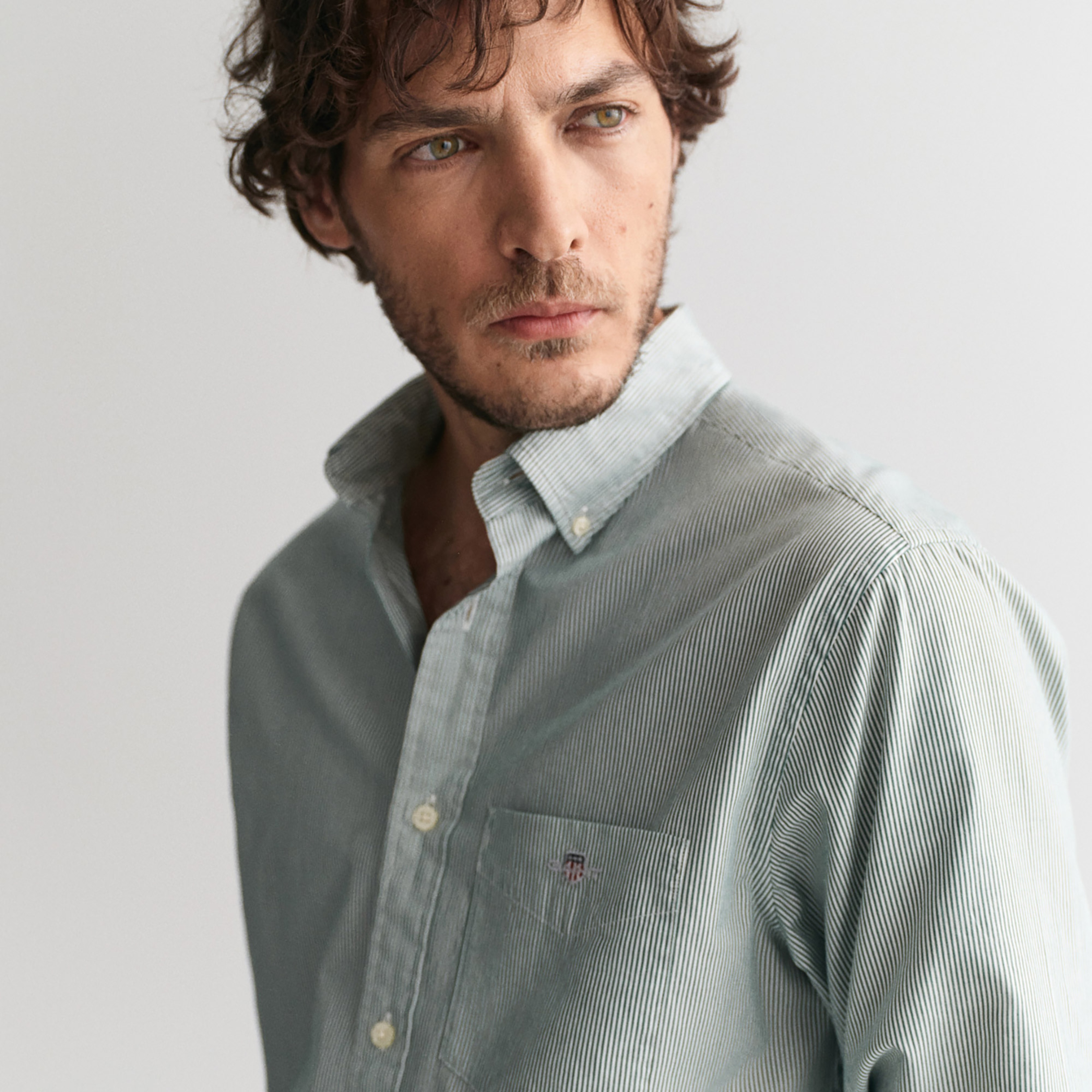 GANT Erkek Yeşil Regular Fit Çizgili Düğmeli Yaka Gömlek