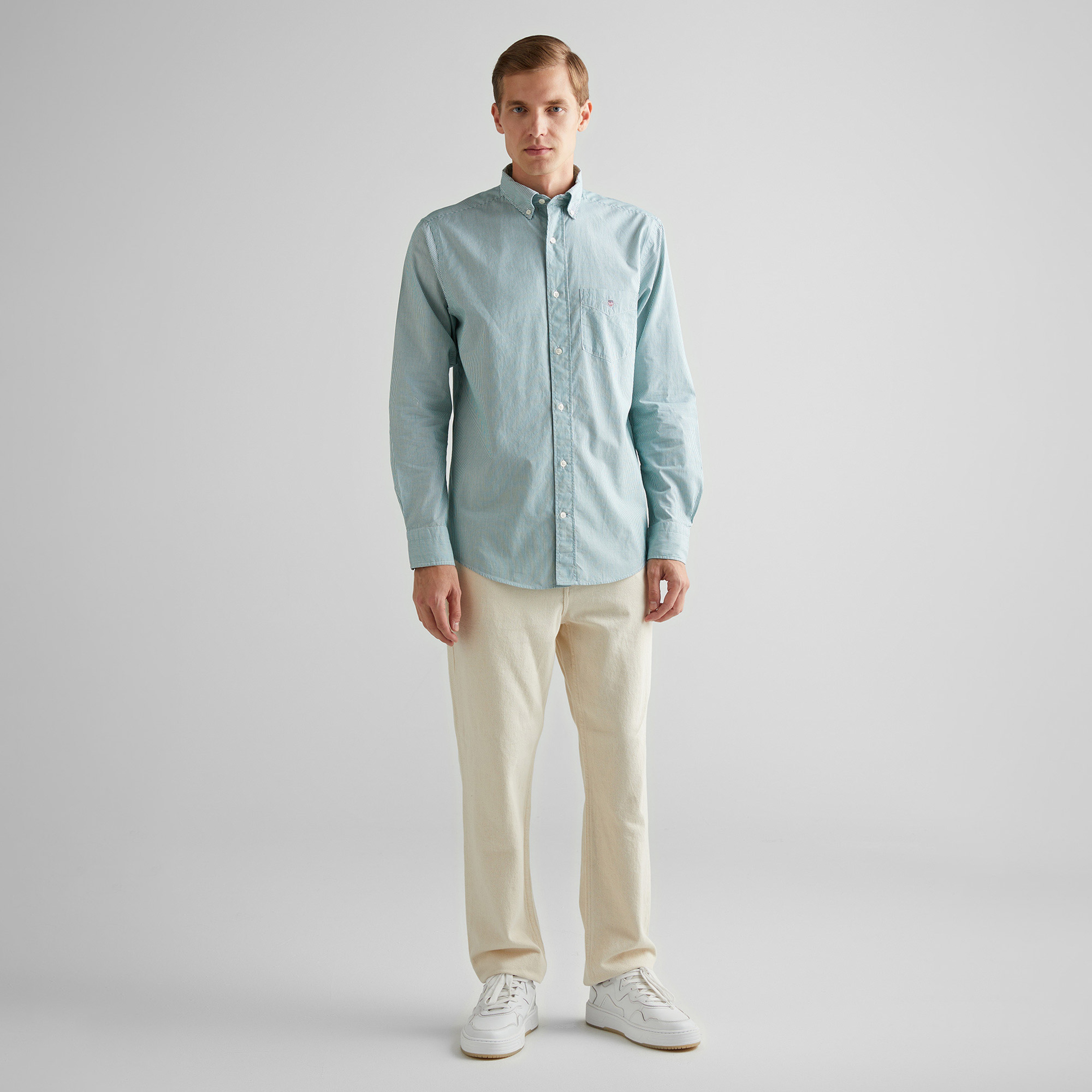 GANT Erkek Yeşil Regular Fit Çizgili Düğmeli Yaka Gömlek